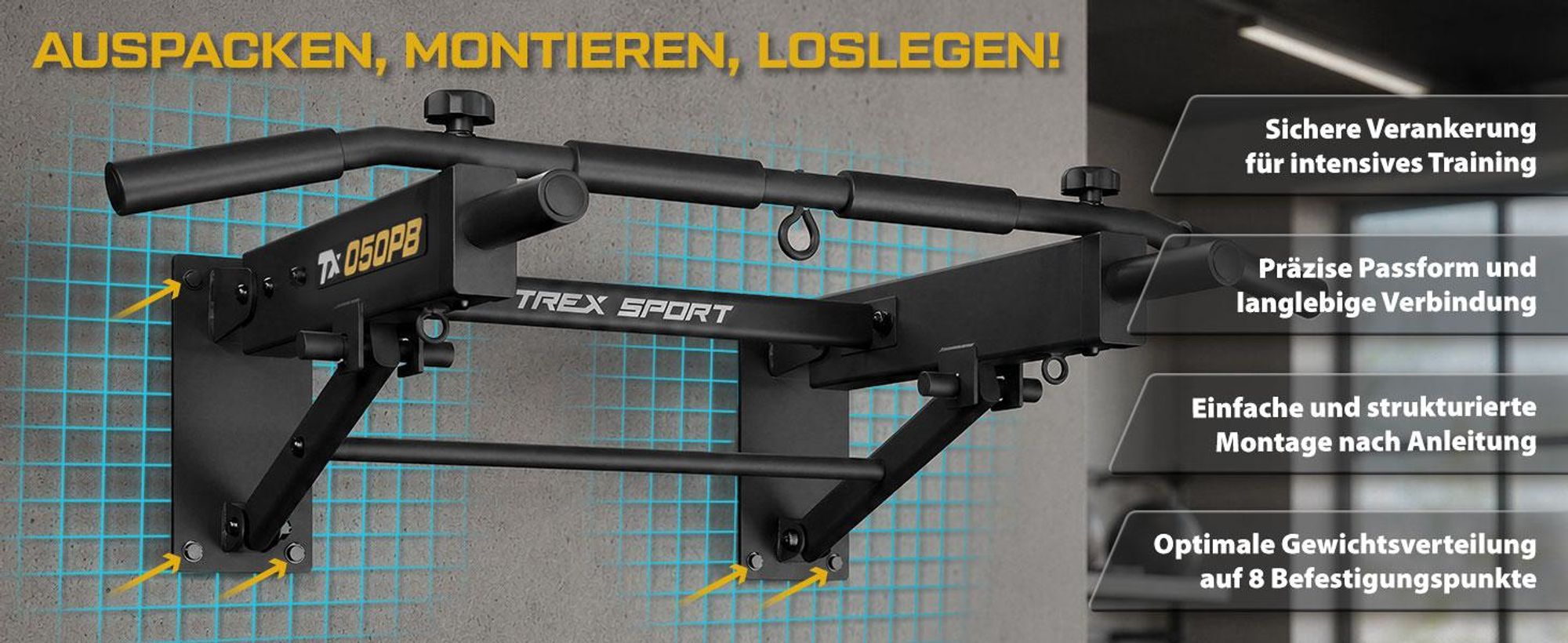 TREX SPORT Klimmzugstange zur Wandmontage klappbar TX-050PB | 6 rutschfeste Griffe, für Boxsack & Expander | Pull Up Bar für zuhause