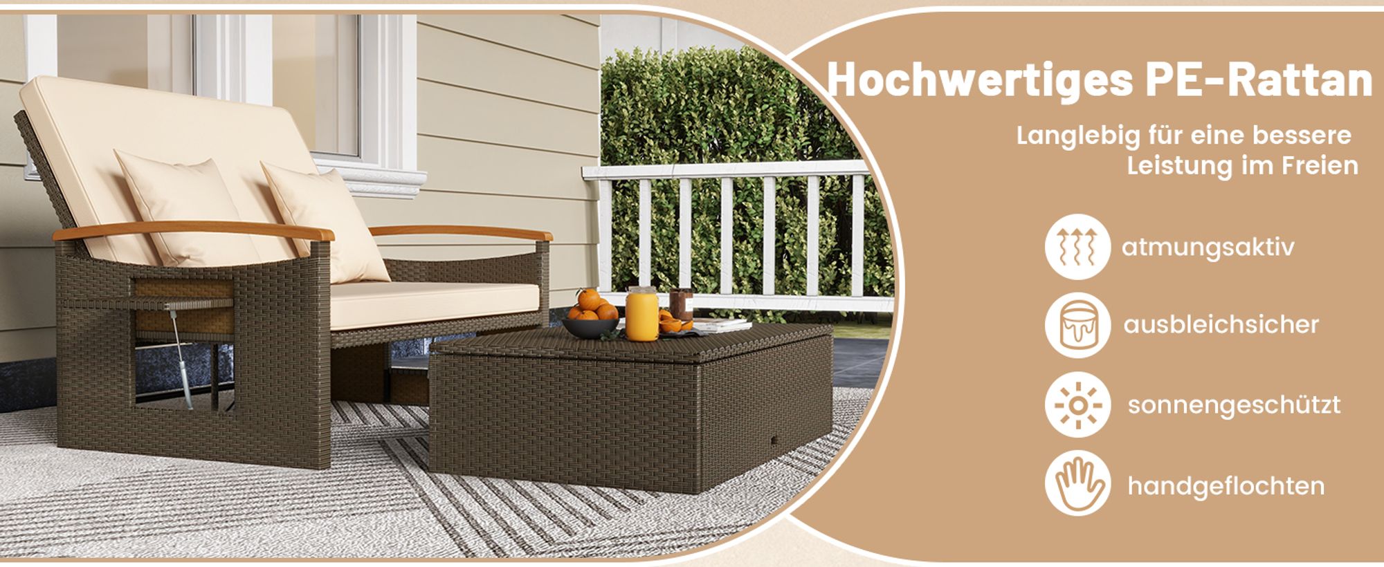 Rattan Lounge Möbel Outdoor, Gartenlounge 2 Sitzer mit Liegefunktion, Gartensofa-Set mit Hocker, Doppelliege mit Stauraum