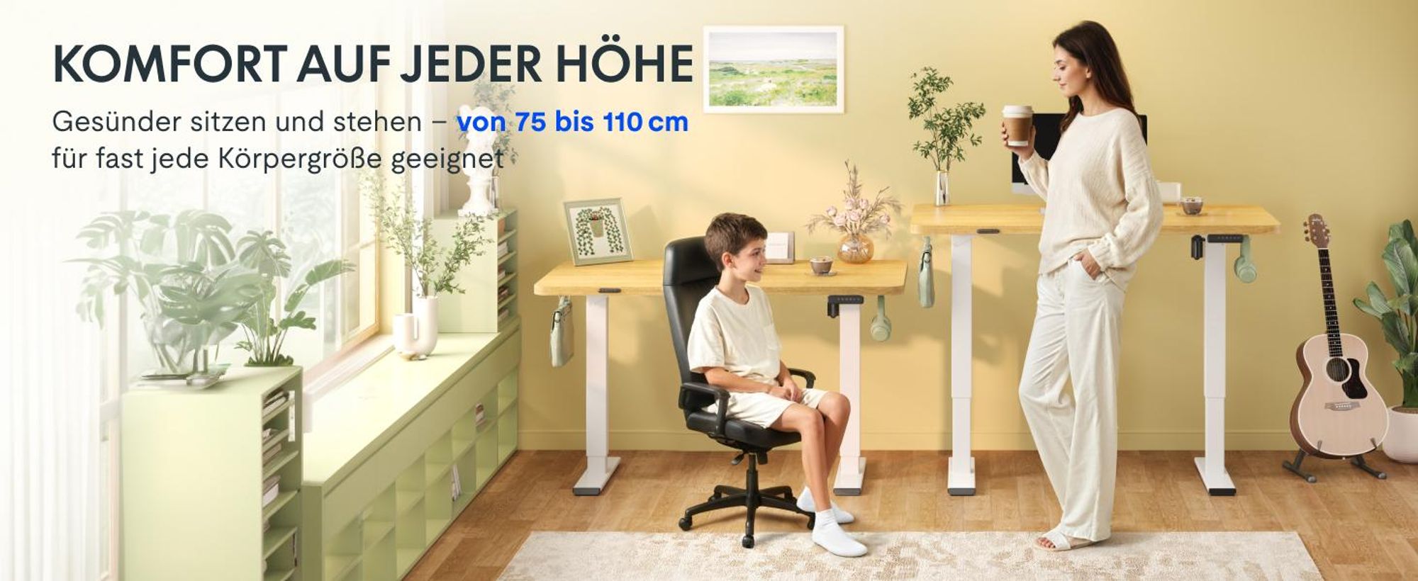 FLEXISPOT QE1 Höhenverstellbarer Schreibtisch 120x60cm EINTEILIGE TISCHPLATTE, 4 Memory-Funktion, Antikollisionsschutz, Haken & Kabelmanagement(Ahorn)