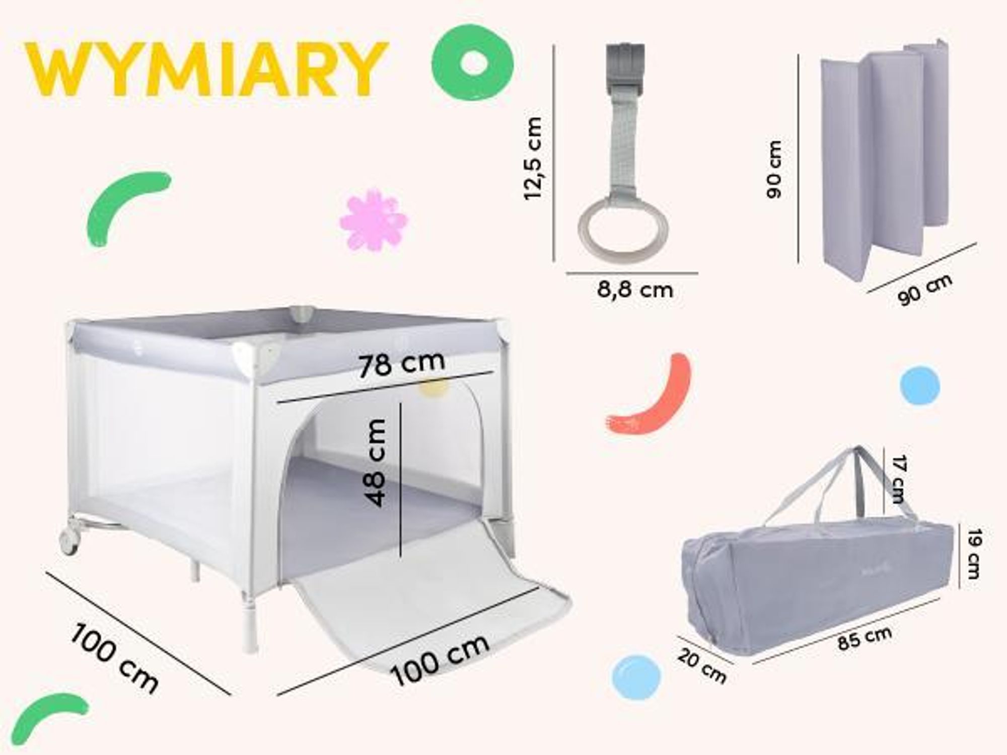 Kojec turystyczny do 15kg z torbą i szybkim rozkładaniem o wymairach 100*100cm