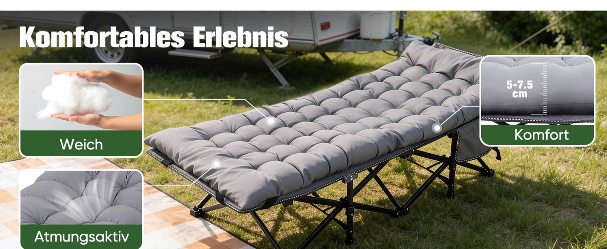 Sekey 202 x 80 x 45 cm XXL Tragbares Feldbett mit Matratze, Feldbett Klappbett Tragfähigkeit 200KG Campingbett, Grau