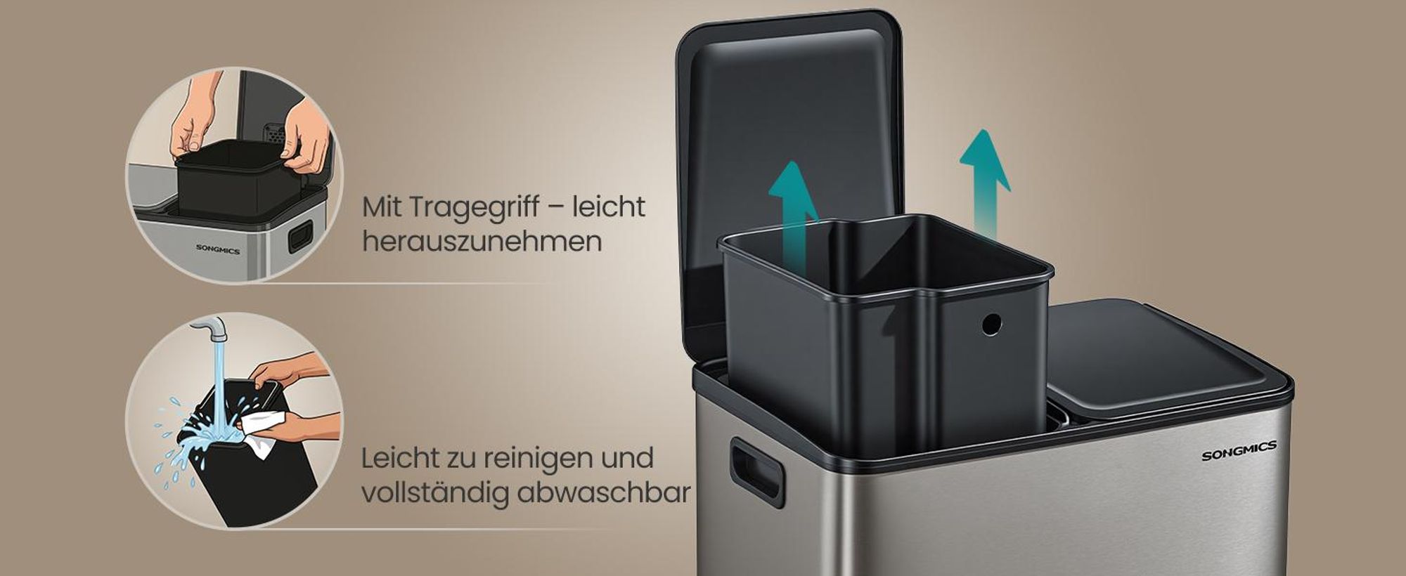 SONGMICS Mülleimer Küche, 2 x 30 Liter, 2 Fächer, Abfalleimer, Tretmülleimer, Softclose-Deckel, Edelstahl, silbern