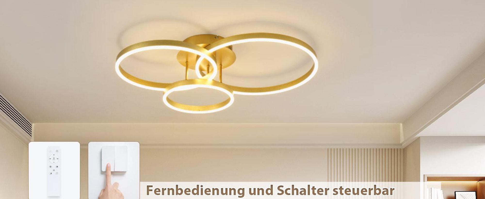 Lampa sufitowa LED ZMH z regulacją jasności, 82 cm, złota, do sypialni, z pilotem, o mocy 74 W, z 3 pierścieniami, do sypialni i kuchni