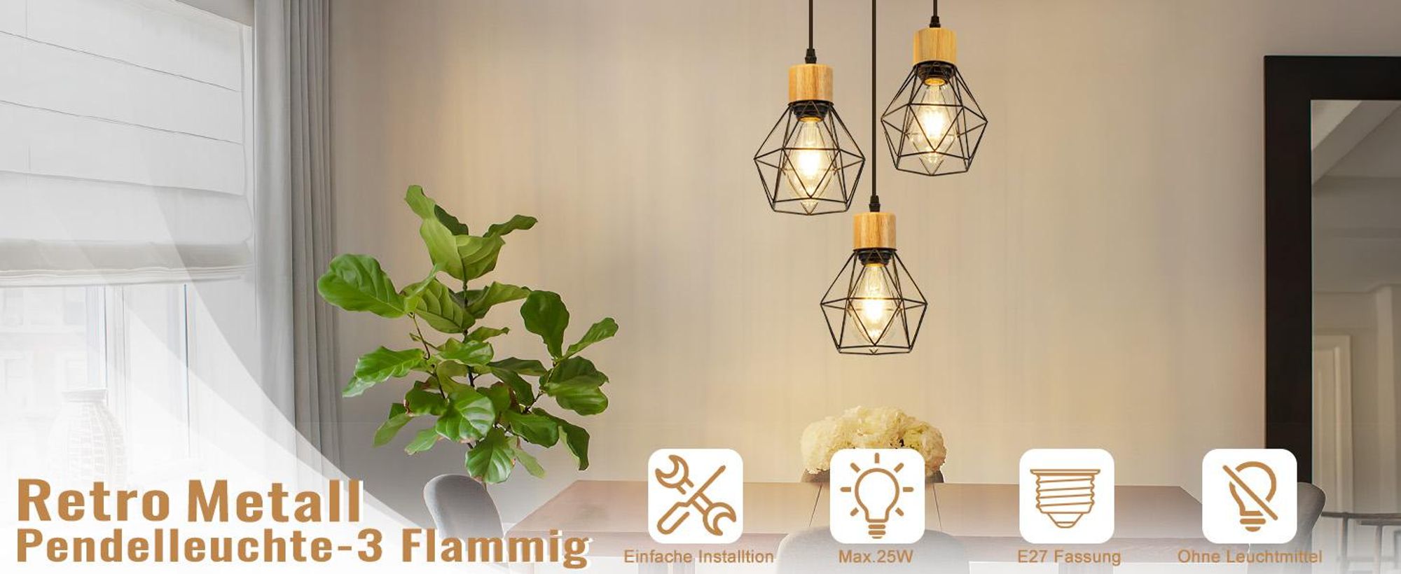 ZMH Pendelleuchte Esstisch Hängelampe 3 Flammig Esszimmerlampe E27 Küchenlampe Rund Industrial Hängelampe für Esszimmer Küche (ohne Leuchtmittel)