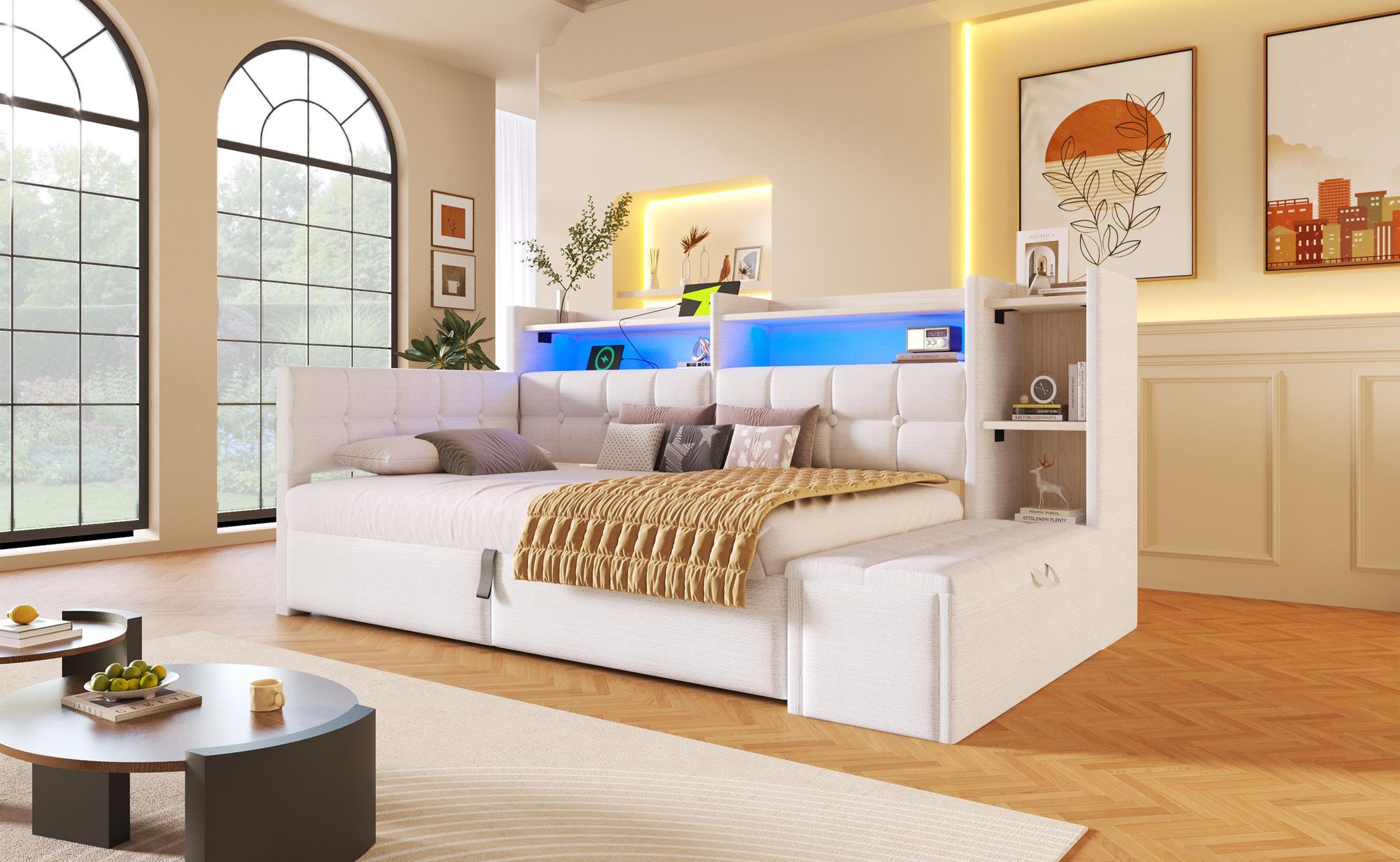 Merax Tagesbett Daybett 90x200cm, Schlafsofa mit 2 Schubladen, USB & Typ-C, Regal mit LED, Stauraumbank, Polsterbett, Kinderbett, Samt, Weiß