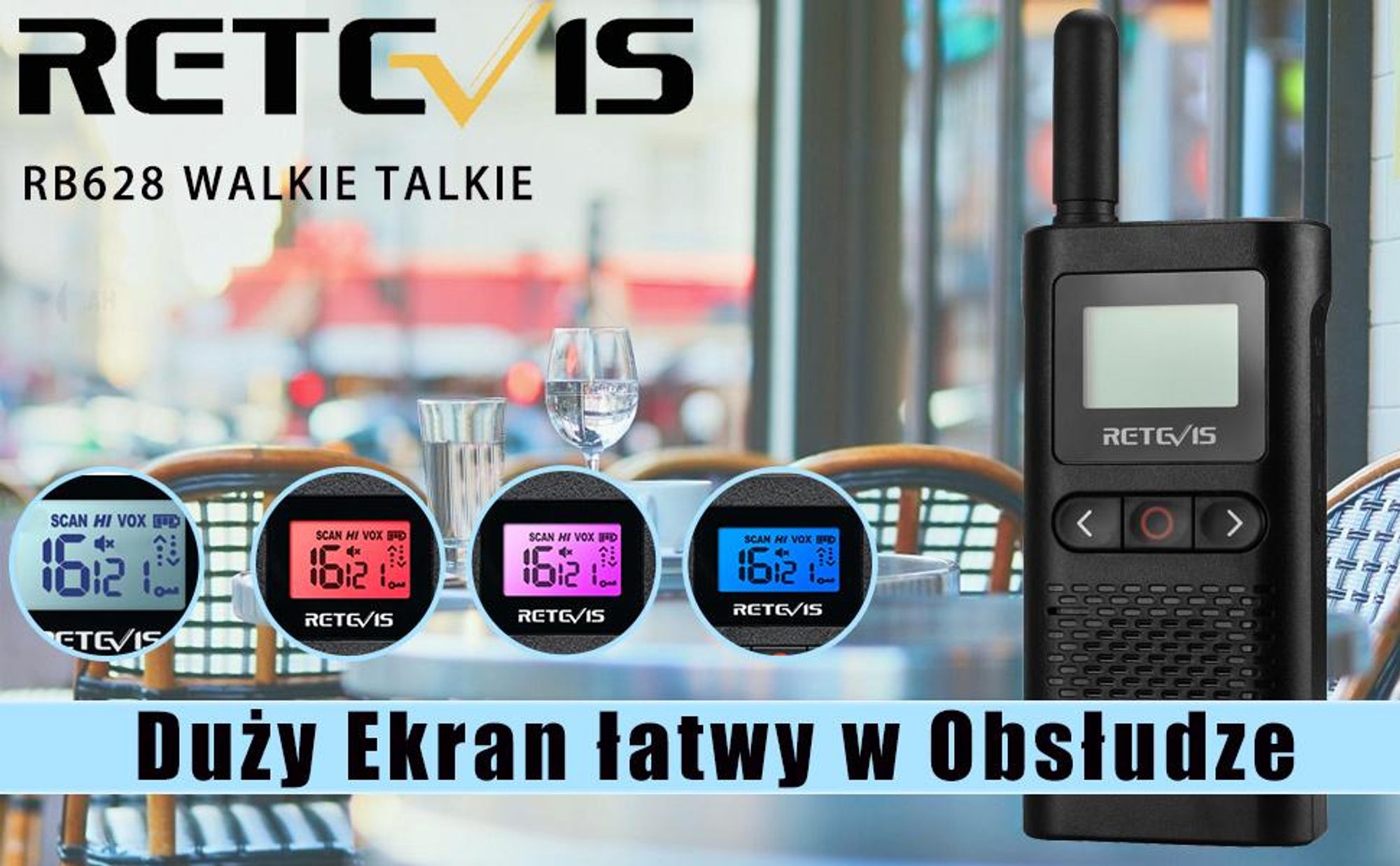 Radiotelefon Retevis RB628 PMR446, ładowalny radiotelefon dwukierunkowy z 16 kanałami 1500 mAh VOX ekran LCD, ręczny radiotelefon kempingowy (4 sztuki, czarny)