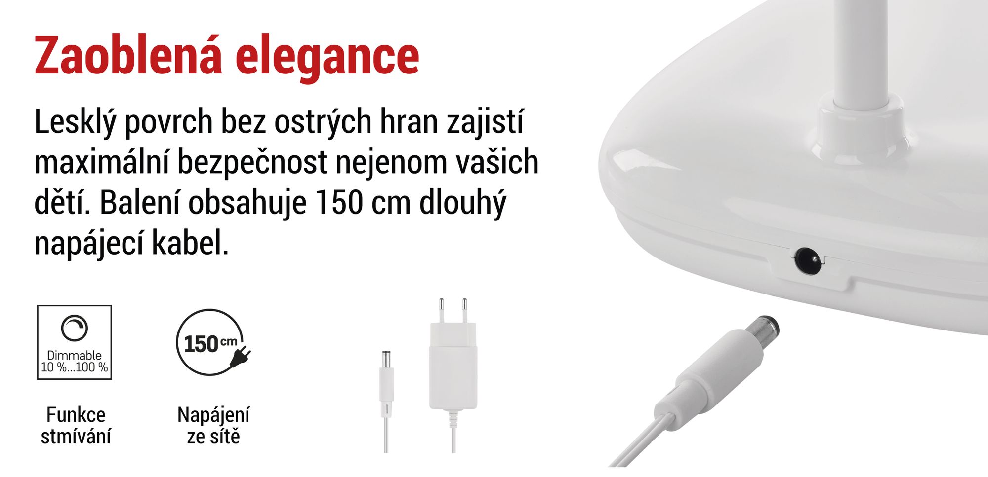 EMOS LED stolní lampa MOLLY 12W, jas 650lm, stmívatelná, nast. barva světla, flexibilní rameno lampy, 1,5m kabel + adaptér, bílá, Z7638W