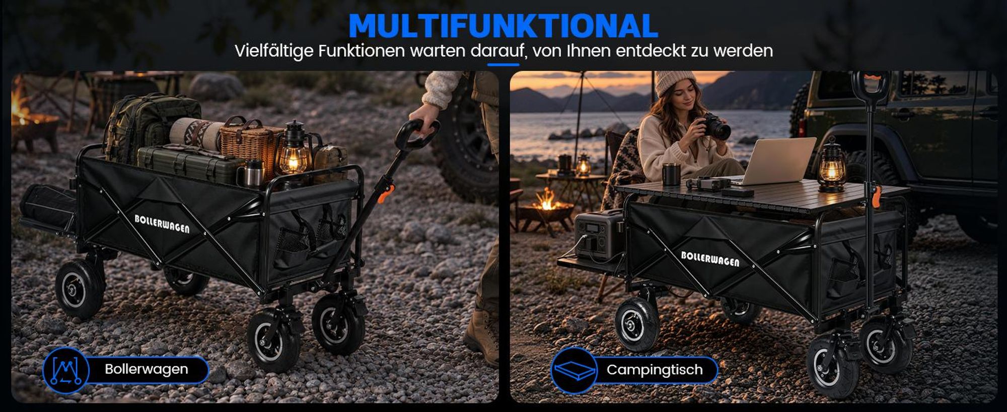 Luftreifen Elektrokarre mit Campingtisch, Bollerwagen mit 2×2,0AH Akku & 2×50W Motor, 240L 120KG Faltbar Transportwagen Strandwagen für Makita Akku