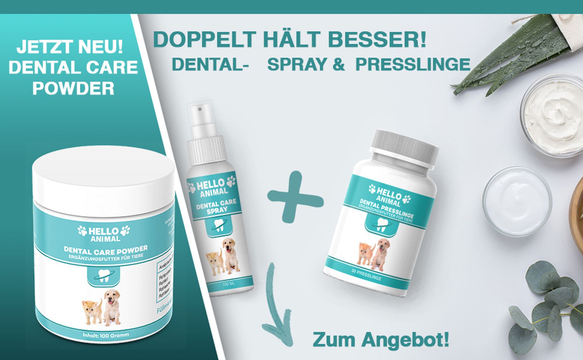Hello Animal® | Dental Care Pulver - Zahnreinigung und Zahnpflege – Mundgeruch bekämpfen - für Hunde und Katzen