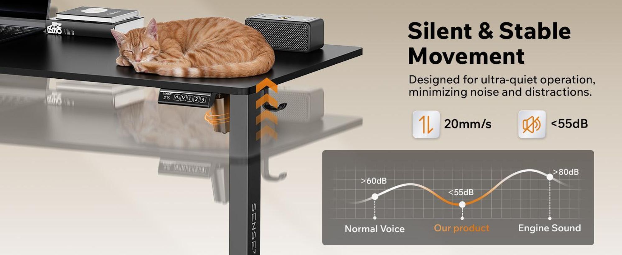 SENSE7 NOJO Light – elektricky výškově nastavitelný podstavec k psacímu stolu | 72–118 cm, paměťová funkce, držák na sluchátka, max. nosnost 70 kg, ocelový podstavec
