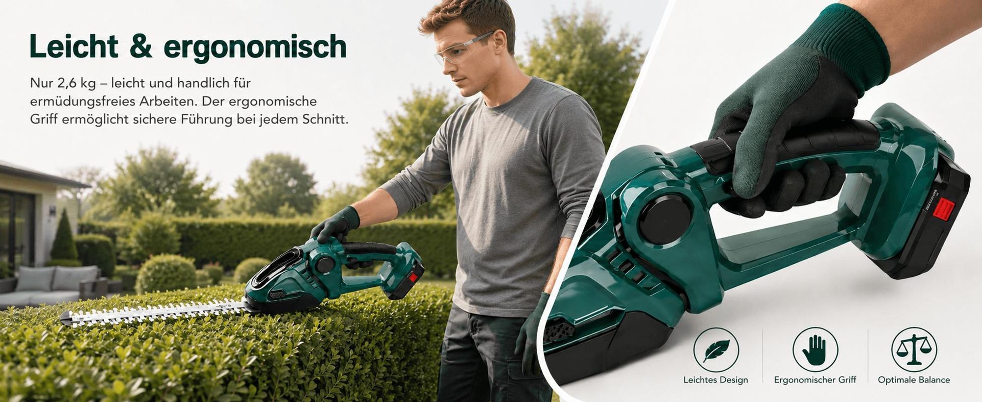2 in 1 Akku-Heckenschere, 21V Heckenschere mit 2 Akkus & Ladegerät, 20000U/min, 45°/90° verstellbar, kabellos, leicht, für Hecken & Rasen