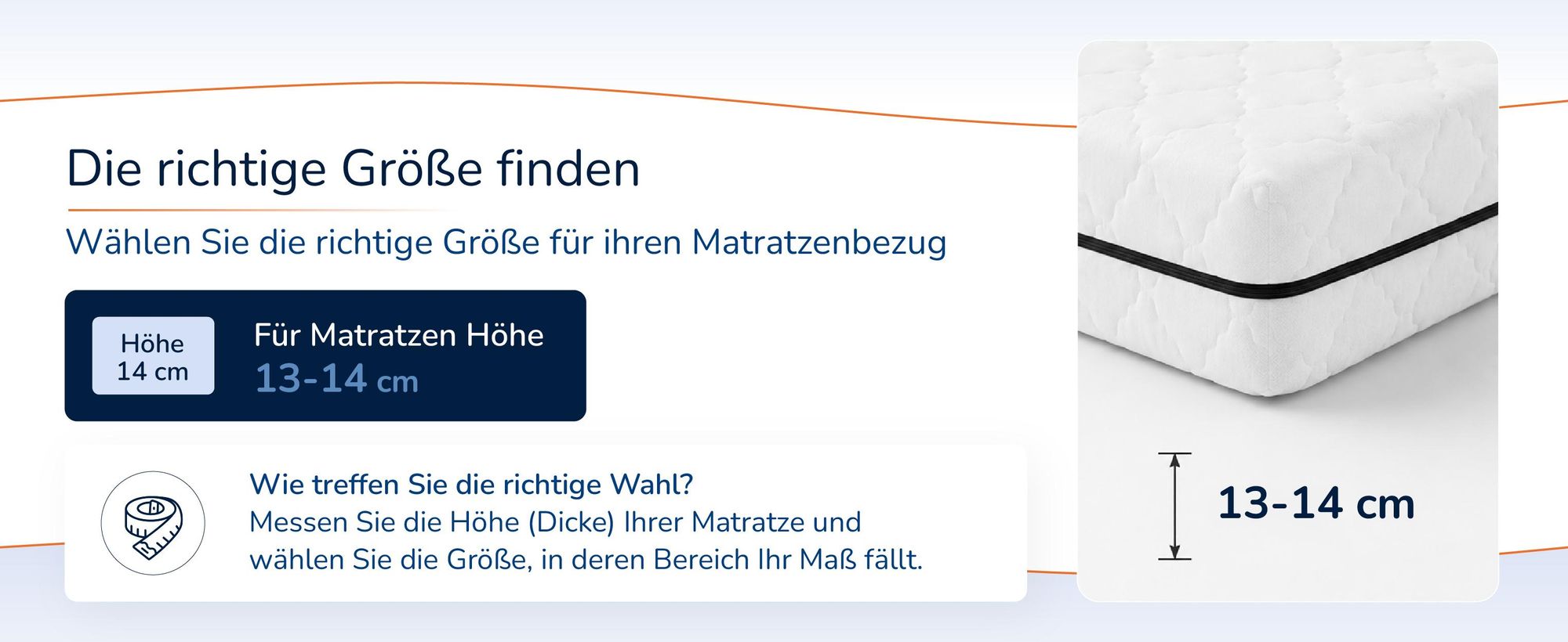 Hinweis zur Groessenwahl fuer Matratzen von 13 bis 14 cm Hoehe, mit Messanleitung