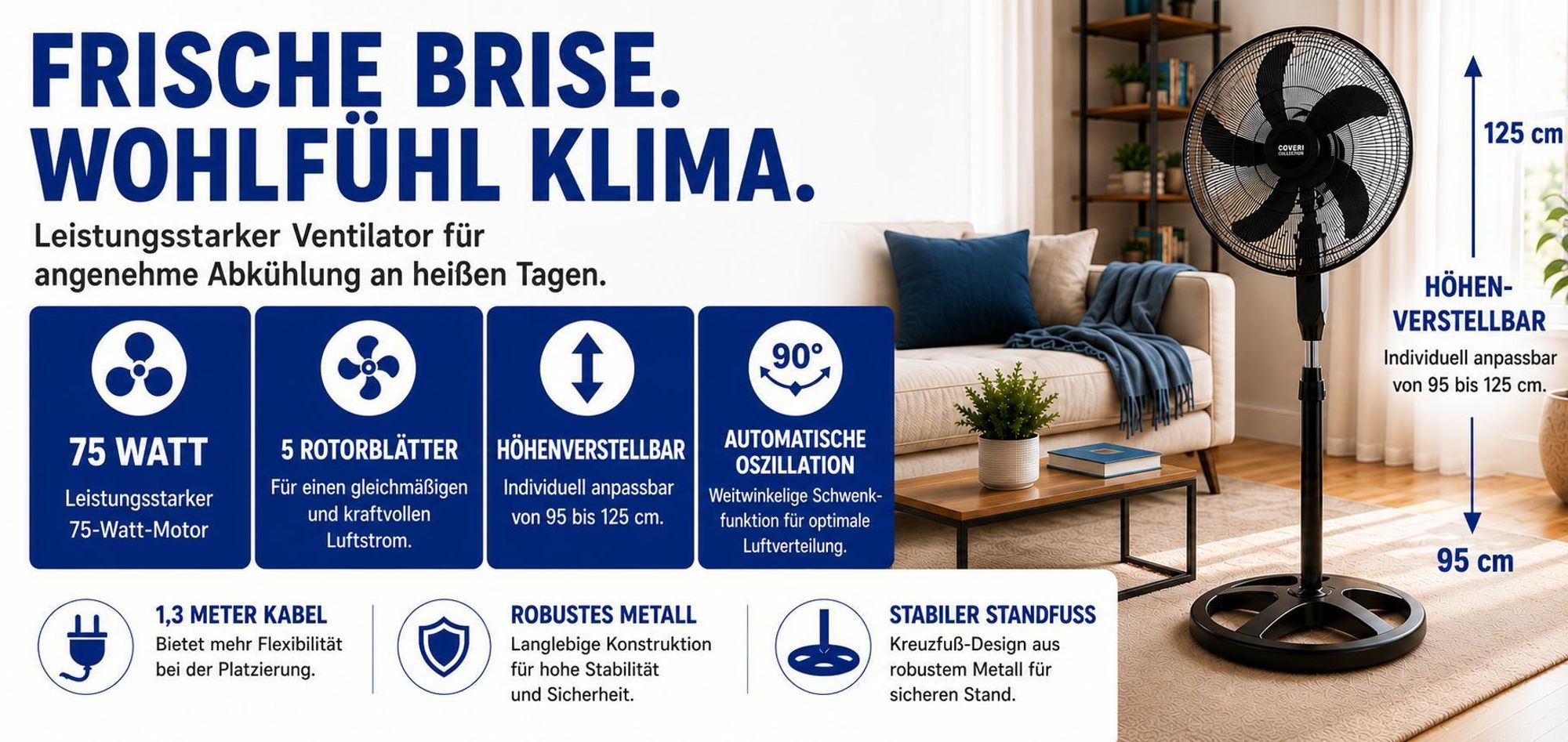 Metall Standventilator 5 Rotorblätter Ventilator Luftkühler Standlüfter 3 Stufen Oszillation Höhenverstellbar Robust 18" Zoll 45cm Schwarz