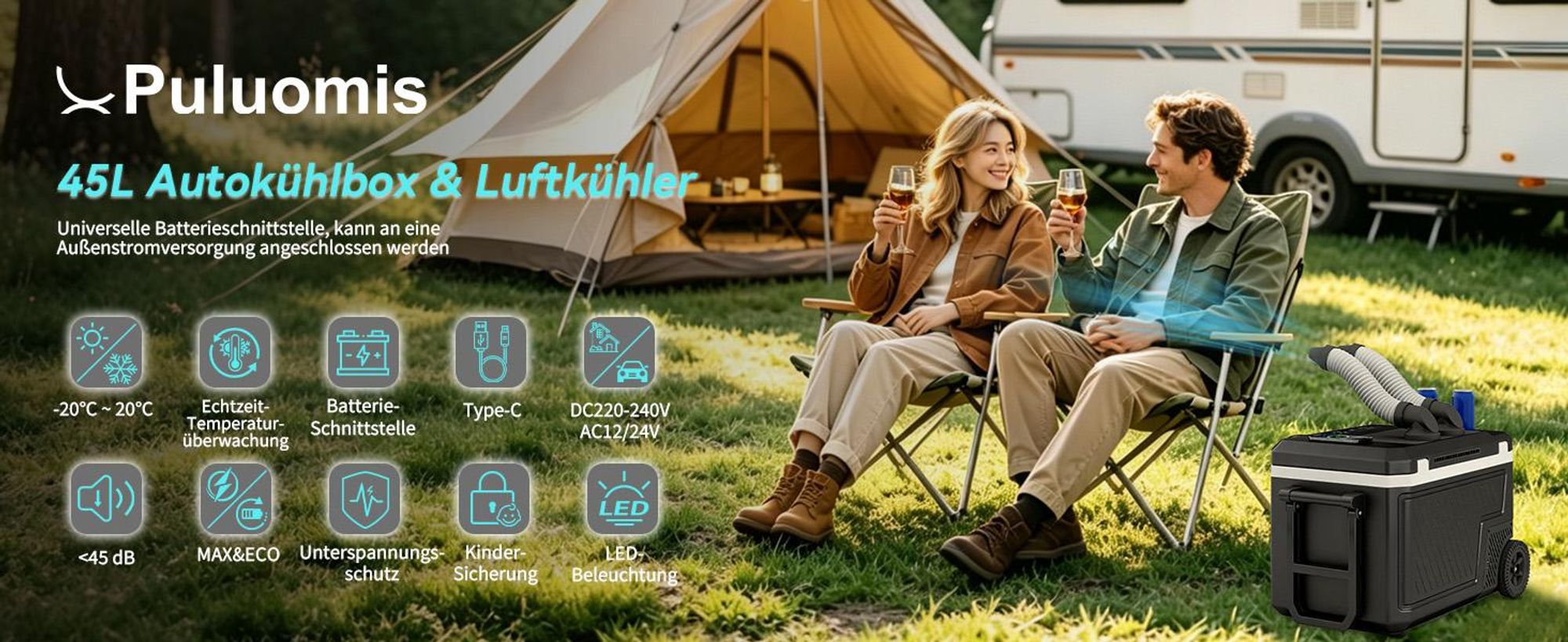 Puluomis Elektische Kompressor Kühlbox 45L, Luftkühler, -20°C bis 20°C, MAX/ECO Modus, <45dB, AC/DC/Batterie – für Camping, Offroad, Wohnmobil schwarz