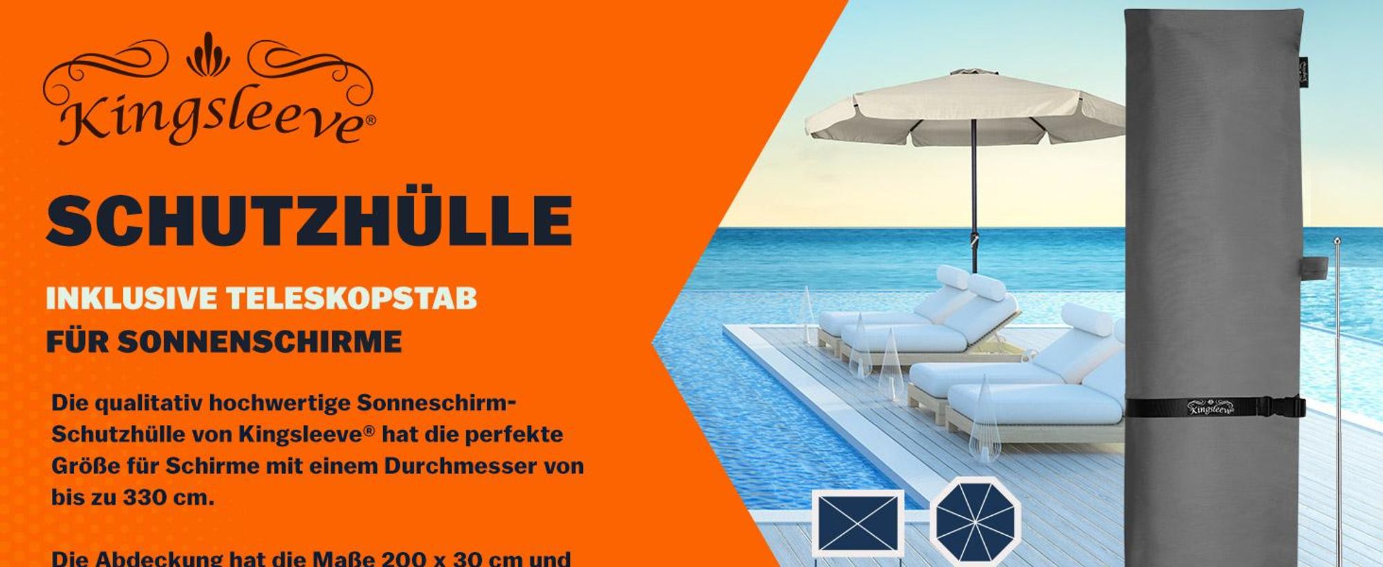KINGSLEEVE® Sonnenschirm Abdeckung bis Ø 350 cm mit Stab Winterfest Wetterfest Robust Reißfest Groß Wasserabweisend Schutzhülle Plane Abdeckplane Grau