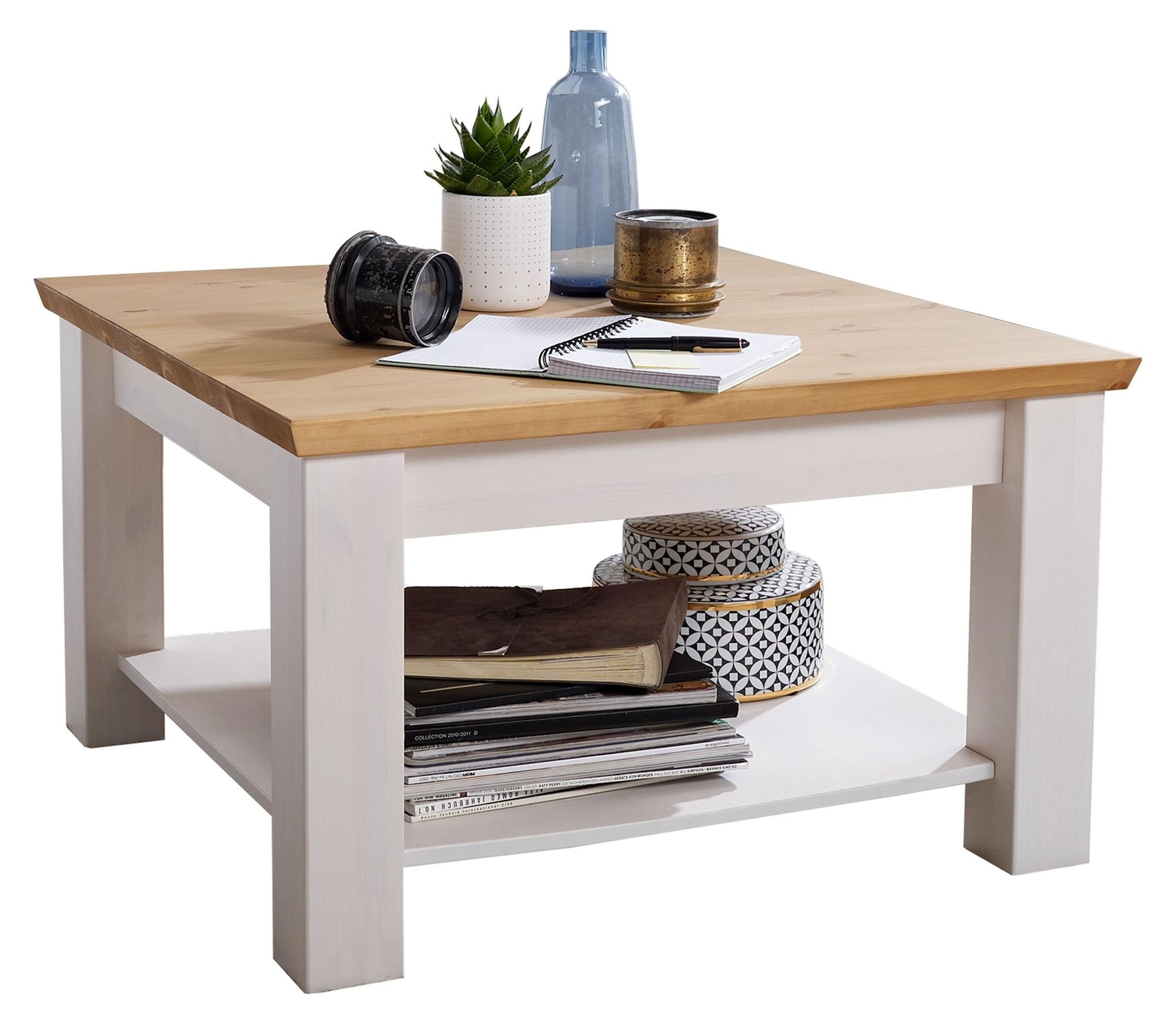 Lebenswert Couchtisch WZ-0133 – Couchtisch im Landhausstil mit Ablageboden und massivem Kiefernholz