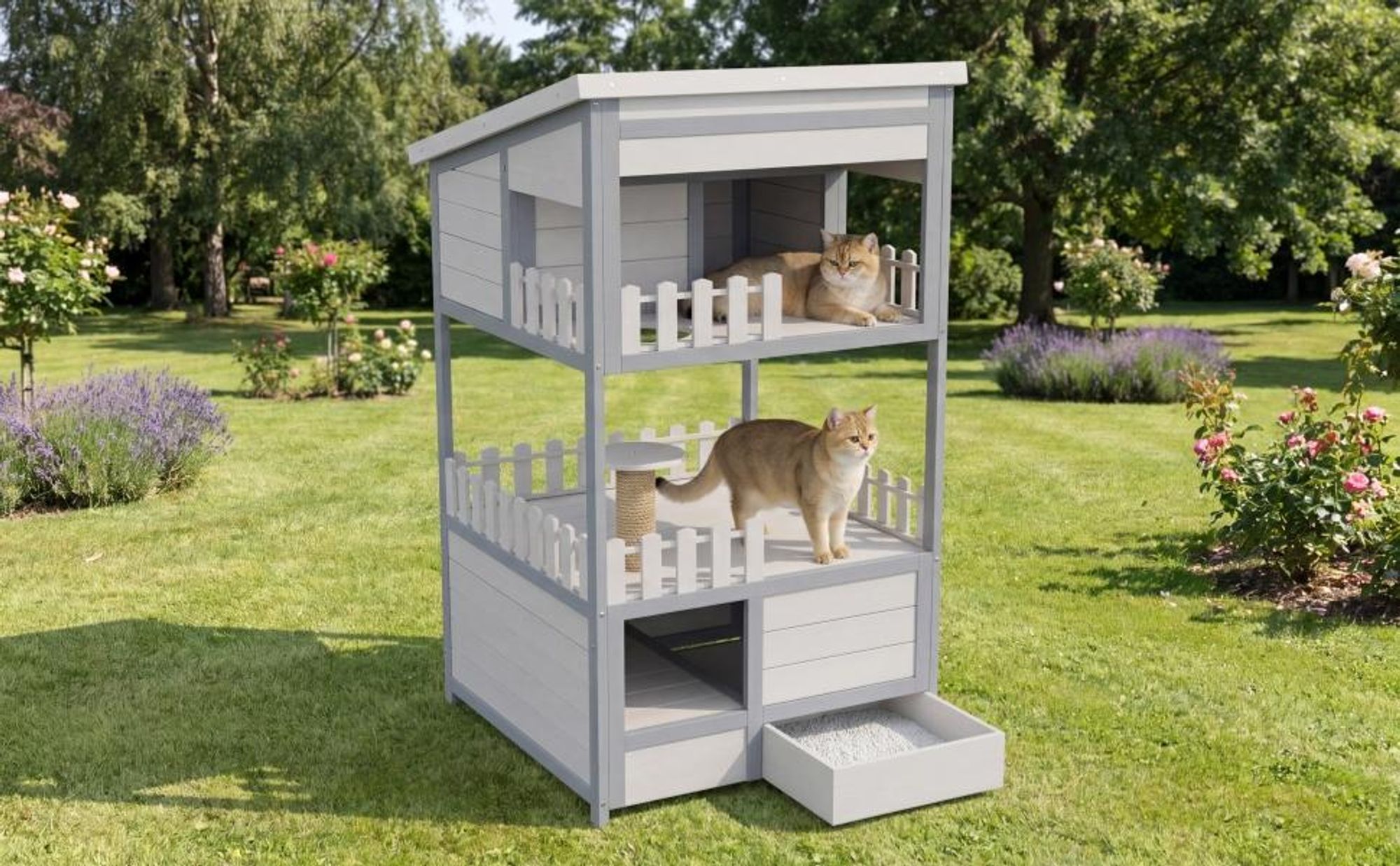 Merax Outdoor-Katzenhaus Mit 2 Etagen, Wetterfeste Winterfest Katzenhütte, Katzenhöhle Mit Terrasse & Sisalpfosten, Katzenheim aus Massivholz, Grau