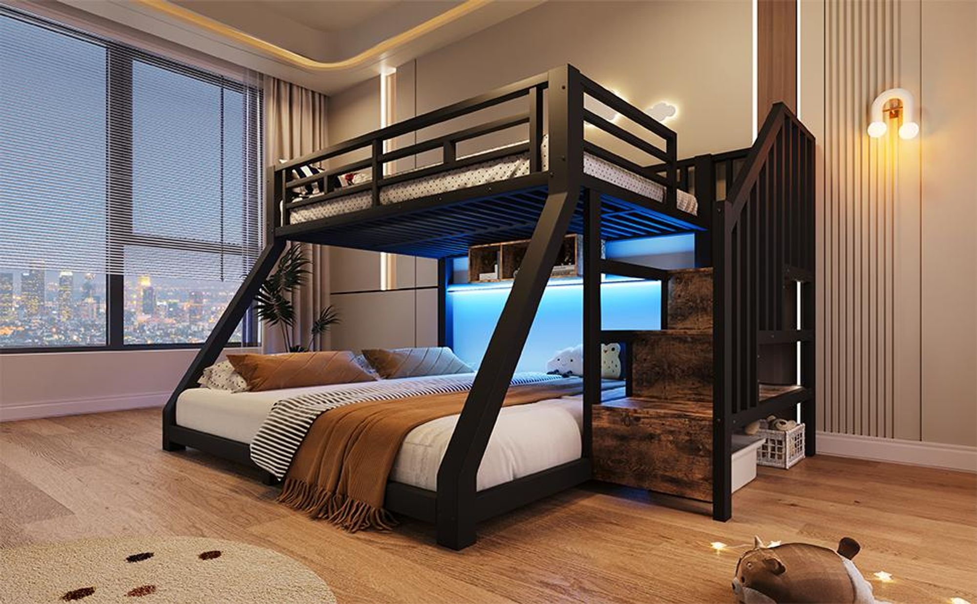 Merax Etagenbett 90x200 cm + 140x200 cm, Kinderbett mit LED Beleuchtung, Treppe mit Stauraum, Metallbett mit Geländer, Jugendbett, Stockbett, Schwarz