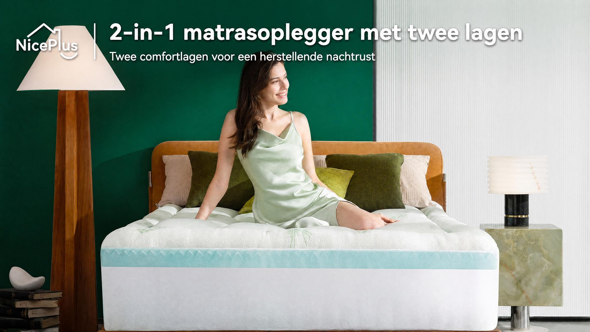 NicePlus 2-in-1 Topper, 90x200x7 cm, traagschuim met 5 zones + bamboe tijk, met hoekelastieken geschikt voor alle matrassen, H2/H3, groen