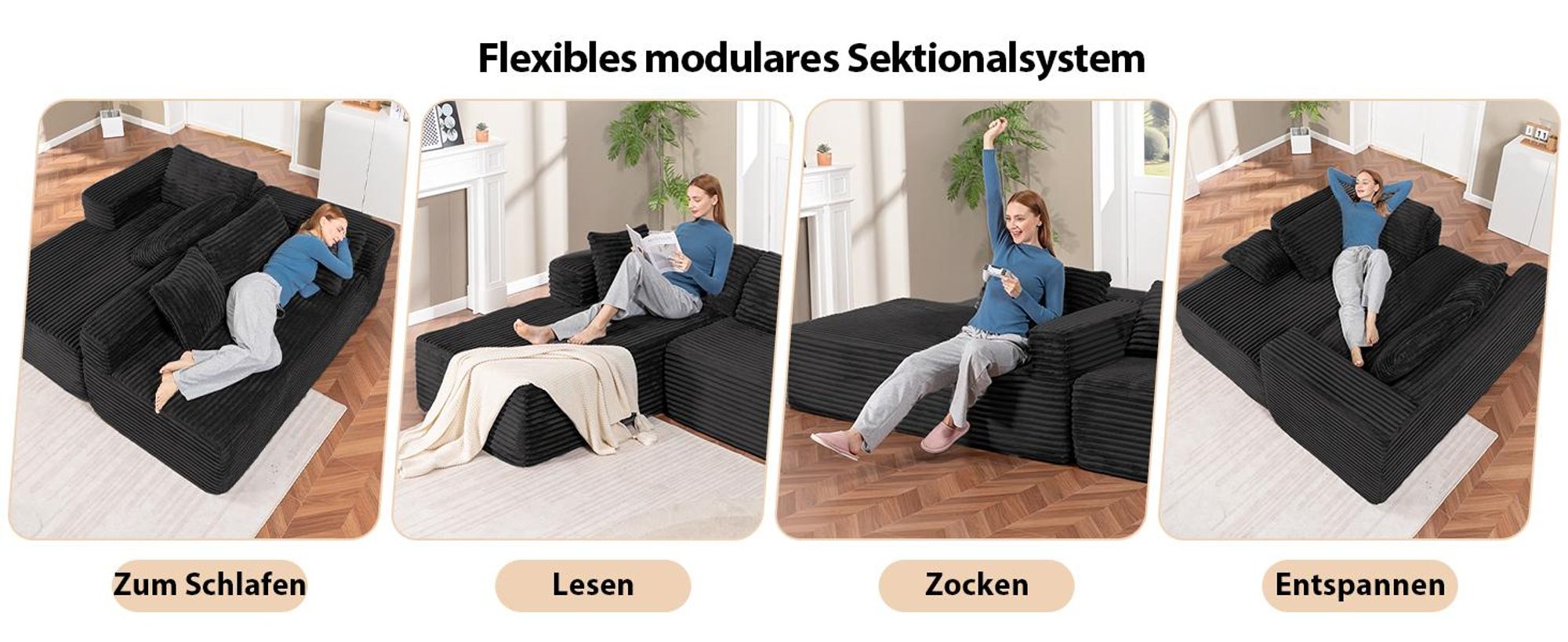 COMHOMASofa Big-Sofa, L-förmige Sofa, Couch Ecksofa, Chaiselongue Schlafsofa mit tiefer Sitzfläche und breiten Armlehnen, Cordstoff, schwarz-R