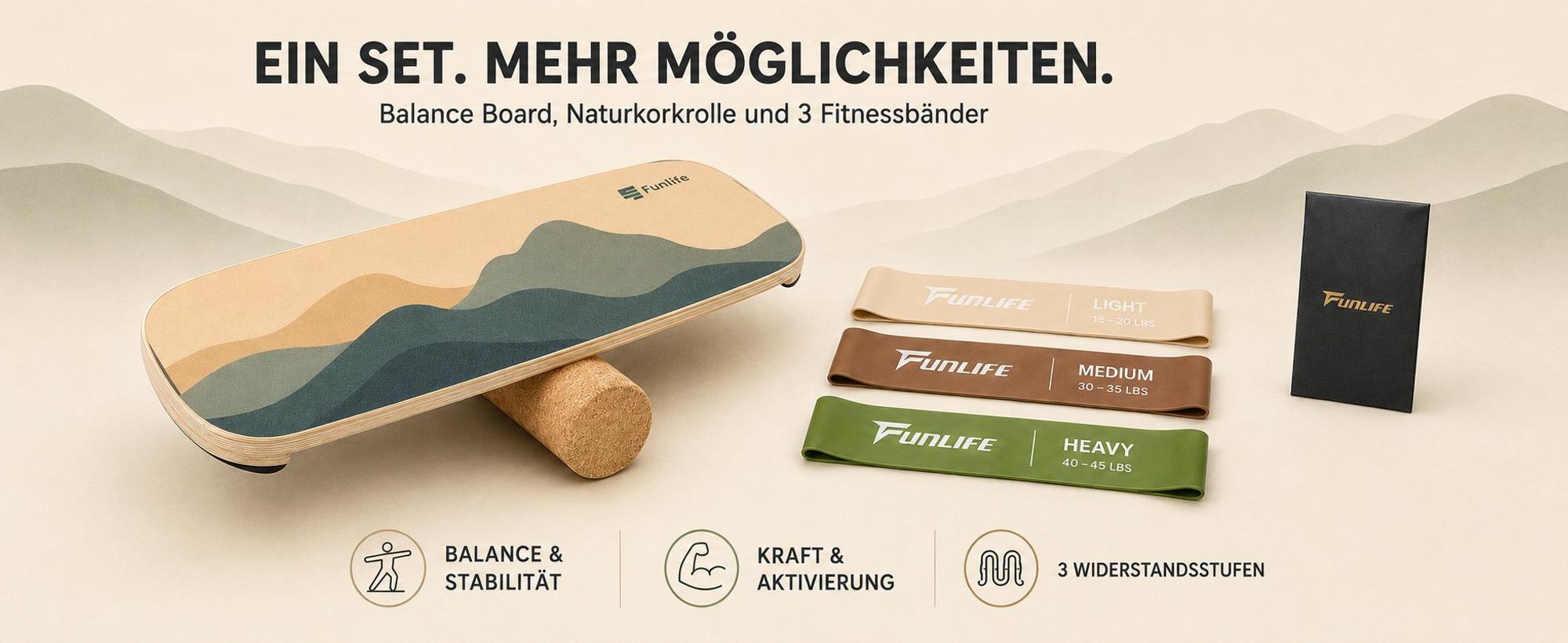 FunLife ALPINE Balance Board Set mit Korkrolle, 3 Fitnessbändern und Aufbewahrungsbeutel