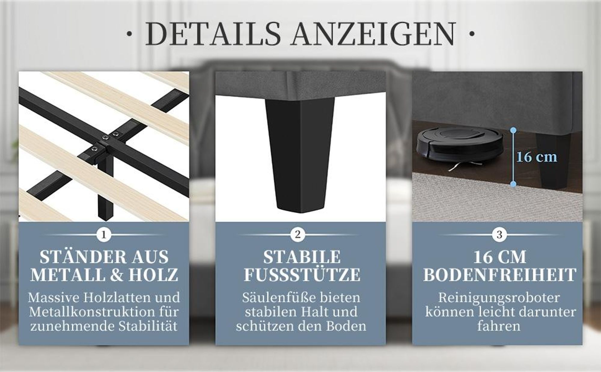 Yaheetech Polsterbett mit höhenverstellbarem Kopfteil Doppelbett 140×200cm Stoffbett Jugendbett Gepolstertes Bett Bettrahmen mit Lattenrost Dunkelgrau
