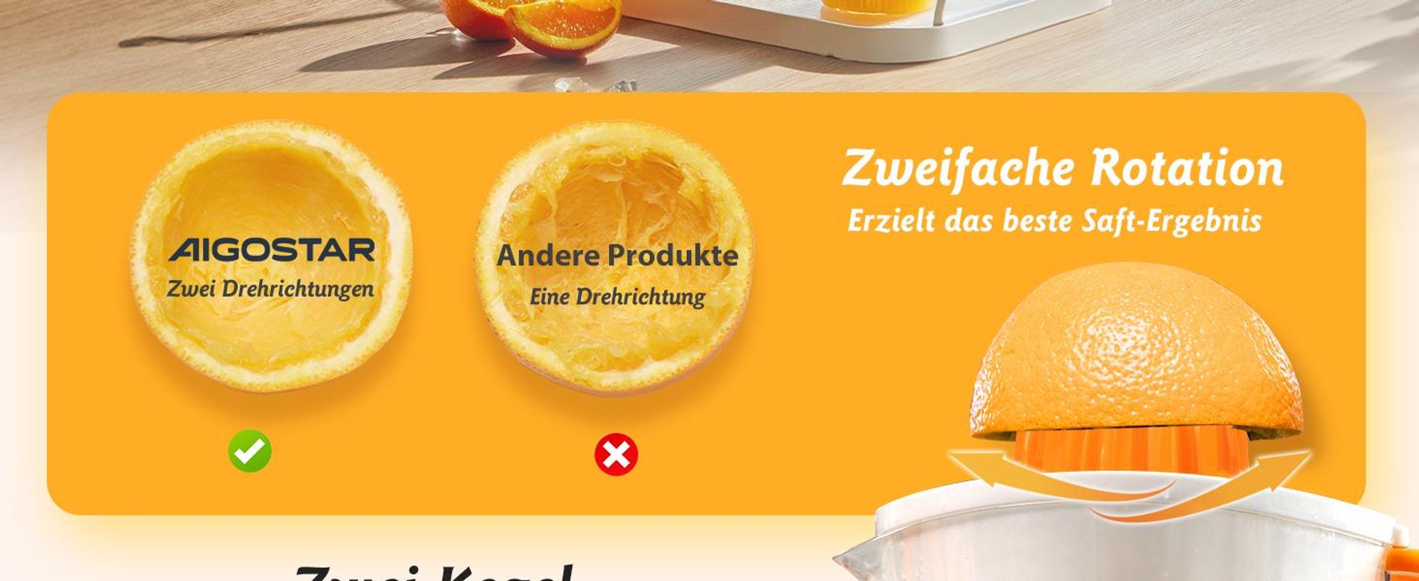 Aigostar Orangenpresse, Zitruspresse, Entsafter Saftpresse Elektrisch 2 Kegel, Orangenpresse, Zitruspresse , 40W, Hohe Saftausbeute, Tropfsicherer
