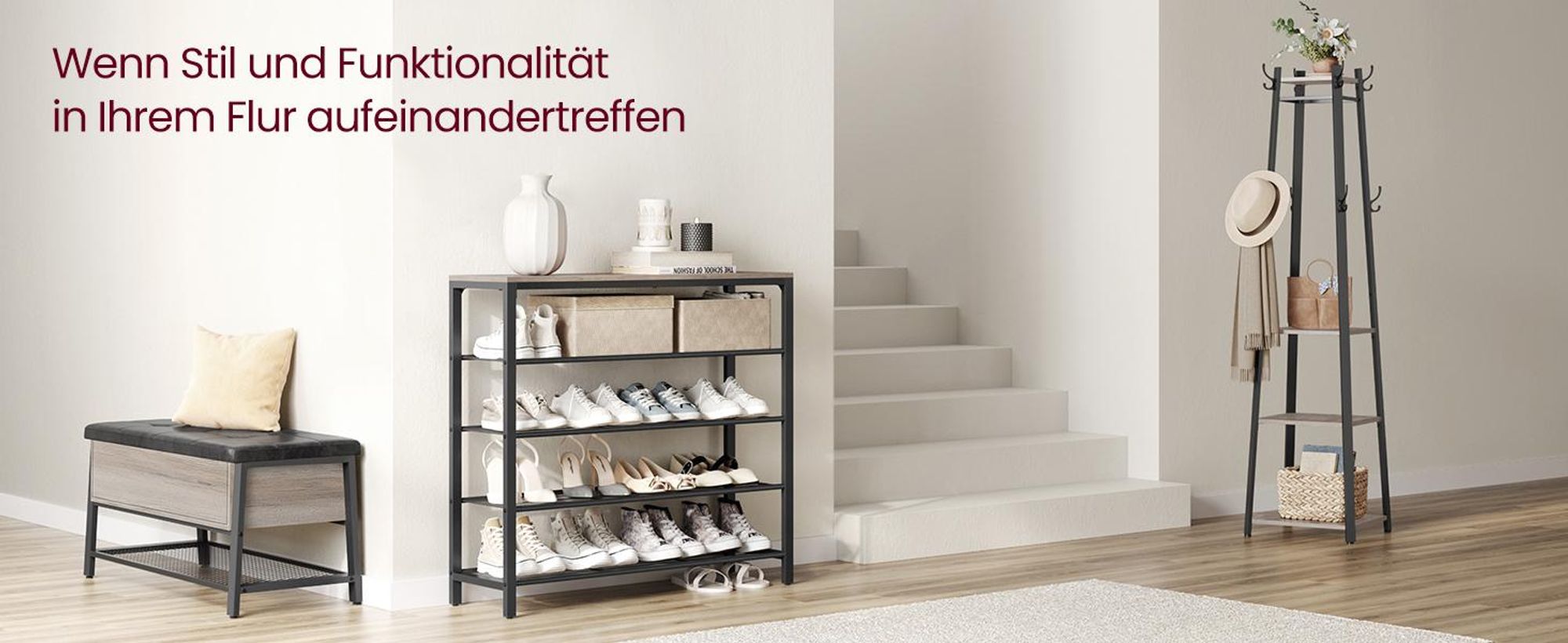 VASAGLE Schuhregal Schuhschrank 4 Ablagen Schuhablage 12-16 paar Schuhe Greige