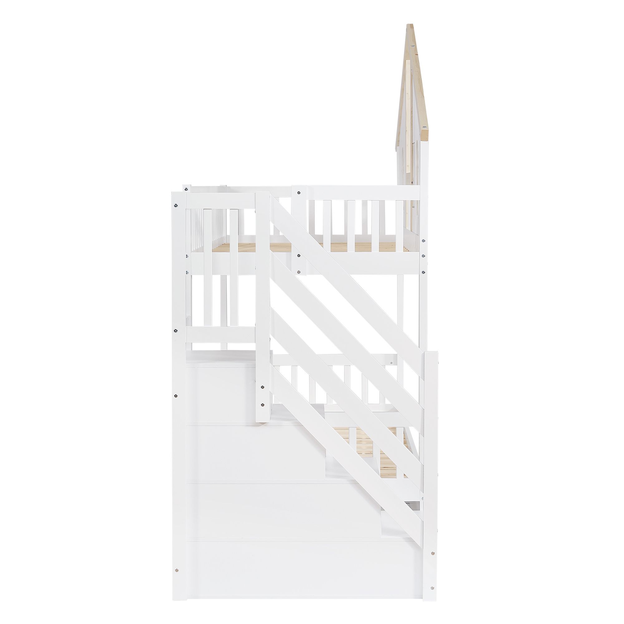 Flieks Etagenbett 90x200cm mit Schubladen, Kinderbett Hausbett mit Treppe, Stockbett Hochbett mit Rausfallschutz und Lattenrost, Einzelbett 2 Kinder