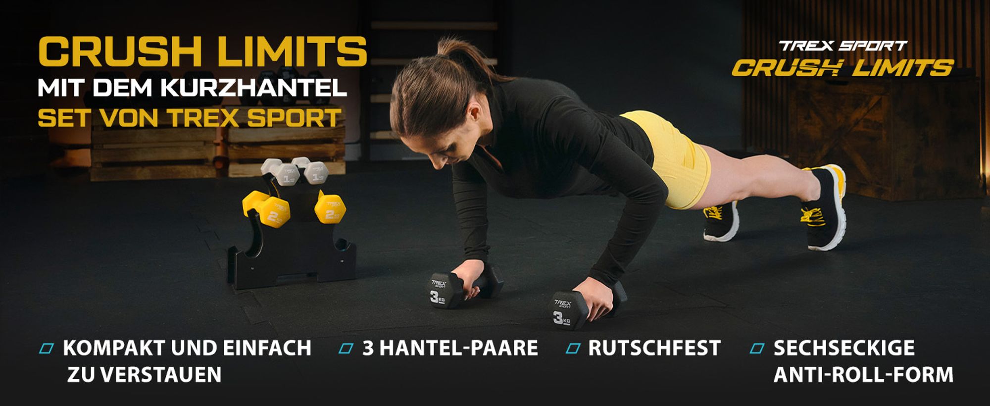 TREX SPORT Neopren Kurzhanteln 6er Set mit Ständer TX-V120VS | Hantelset 1 kg, 2 kg, 3 kg für Krafttraining | aus Gusseisen, rutschfest, platzsparend