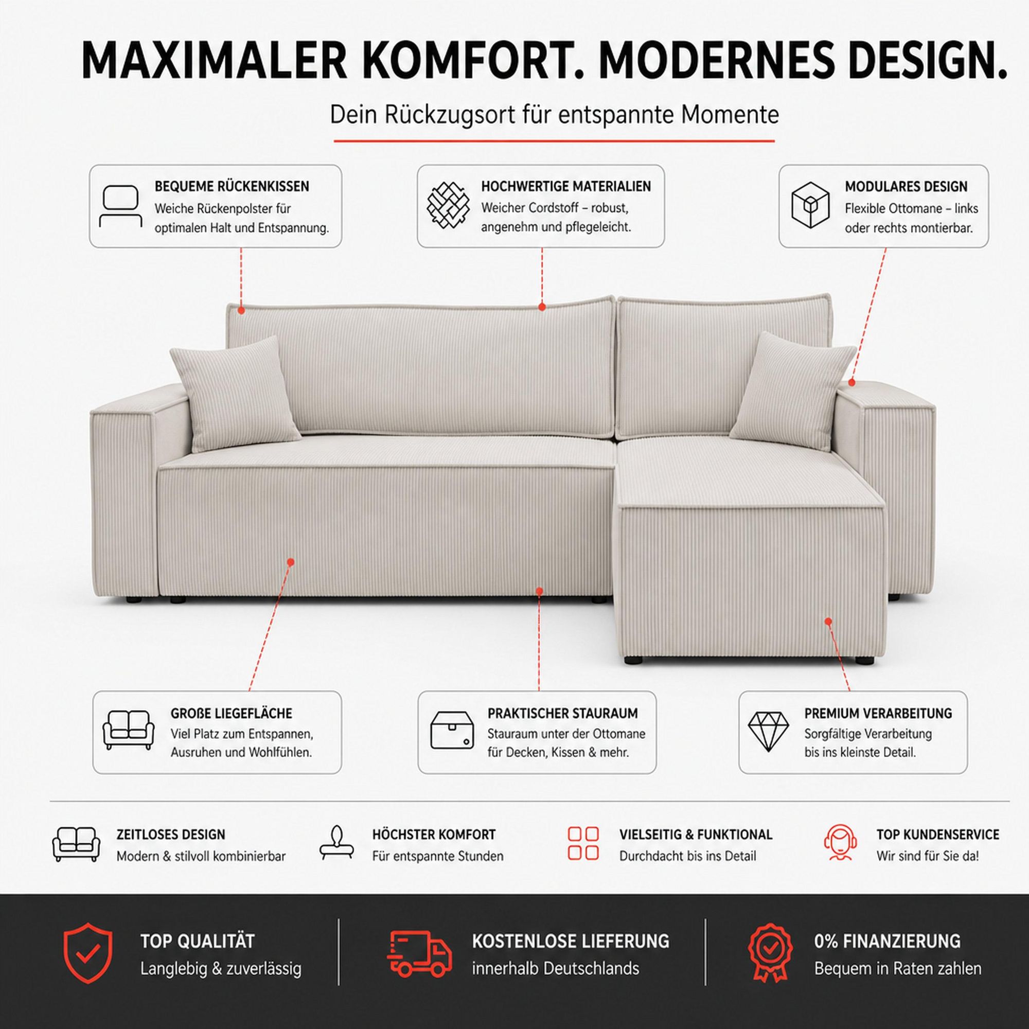 VENASI HUGO Ecksofa mit Schlaffunktion und Bettkasten Cord Schlafsofa Eckcouch Sofa Grün