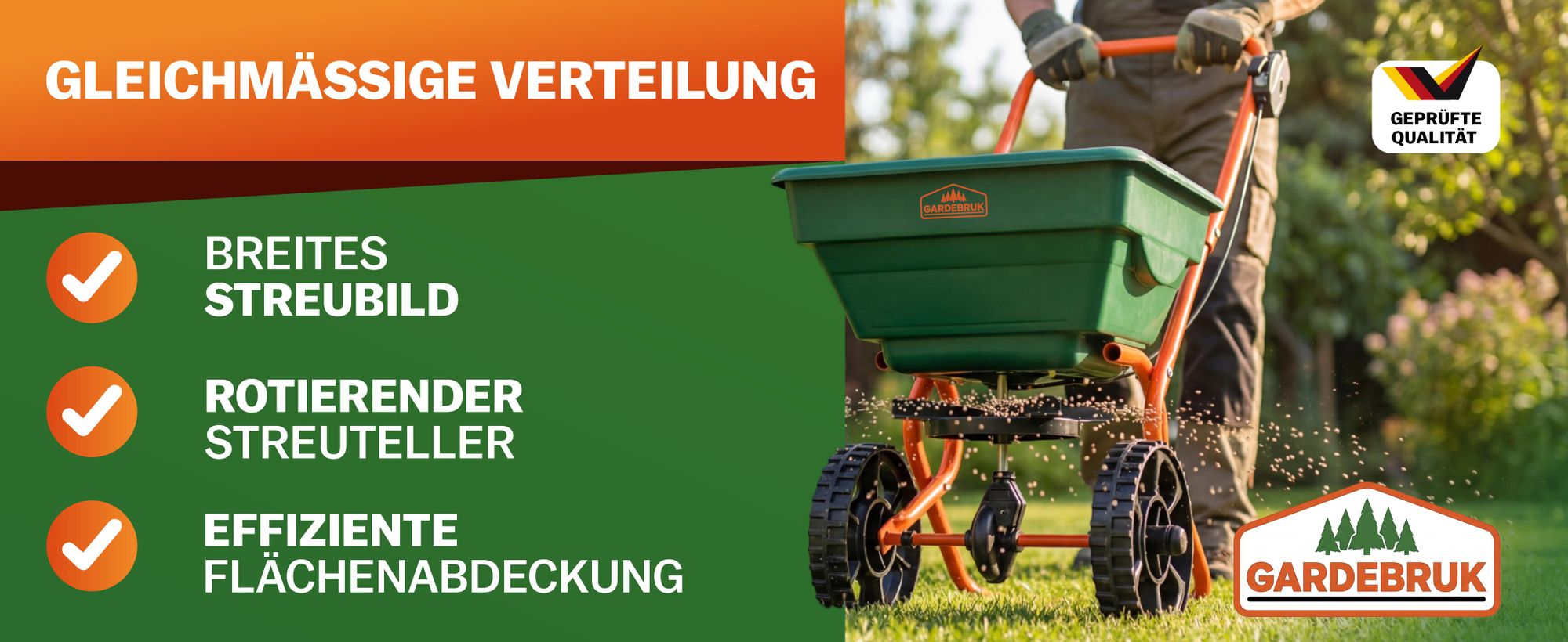 Streuwagen 25 Liter für Dünger, Saatgut und Streusalz mit gleichmäßigem Streuen und Rotationstechnik