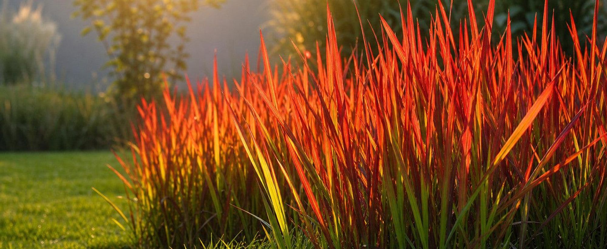 Gegenlicht zur goldenen Stunde: rote Blutgras-Halme gluehen wie Flammen