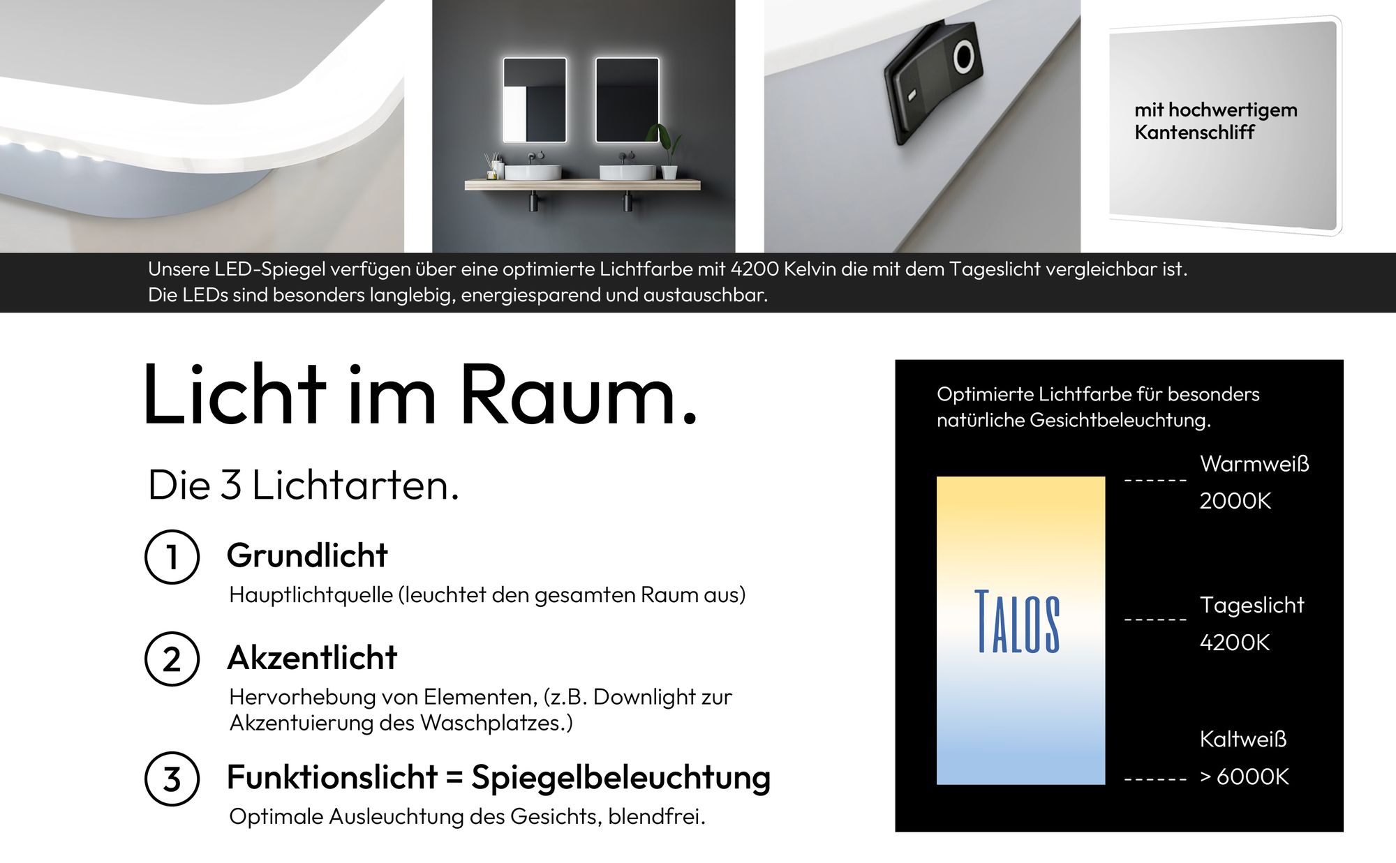 Badspiegel mit Beleuchtung 80x60 cm TALOS Moon LED Spiegel Neutralweiß, Wandspiegel mit Aluminiumrahmen, Pilkington Glas, feuchtraumgeeignet