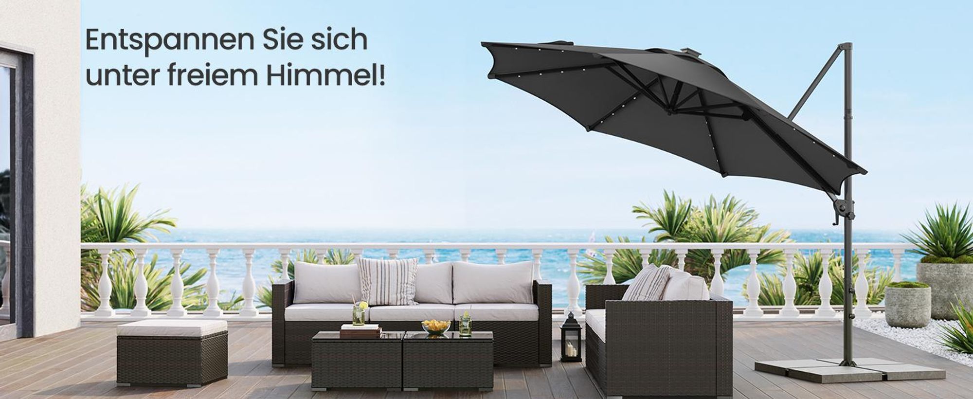 SONGMICS Sonnenschirm, ∅300 cm, 28 Solar-LED-Leuchten, UPF 50+, um 360° drehbar