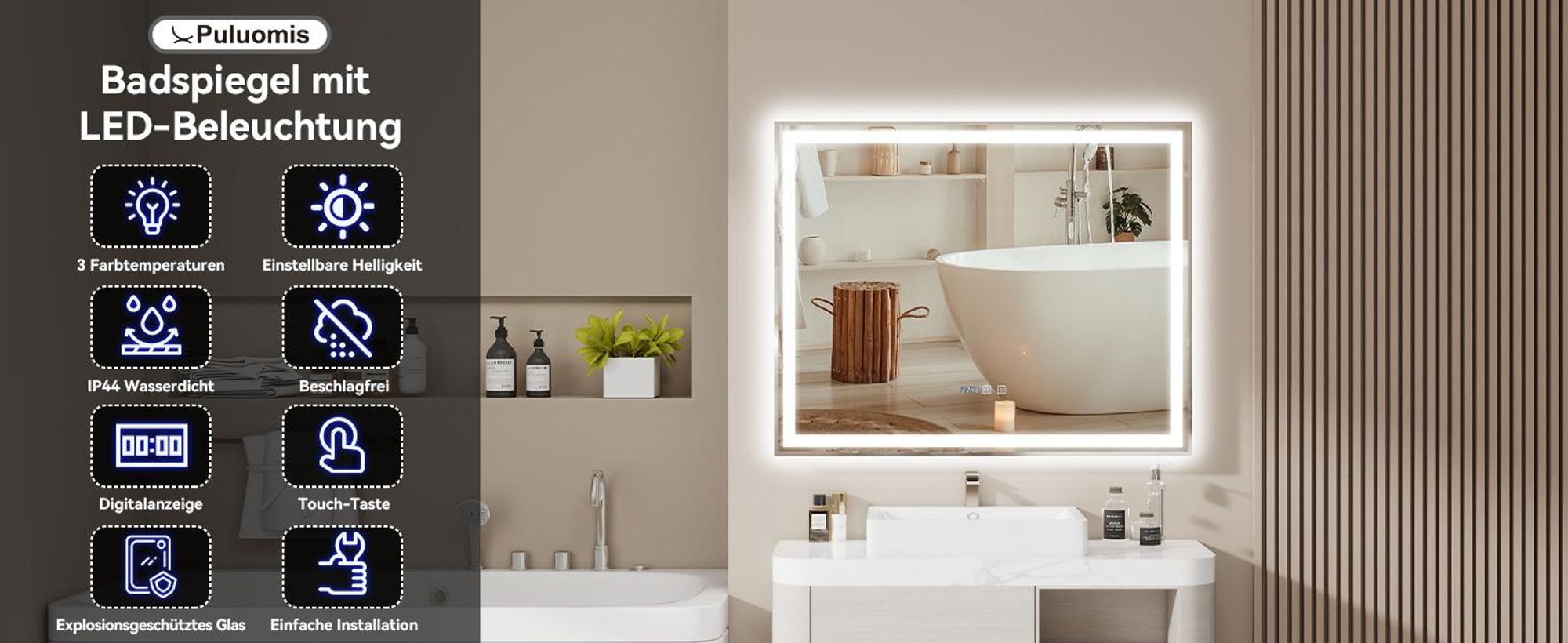 Puluomis Badspiegel 100x80 beschlagfrei mit 3 Farbe Beleuchtung, dimmbare Helligkeit, Badezimmerspiegel mit Digitaluhr, Temperatur silber