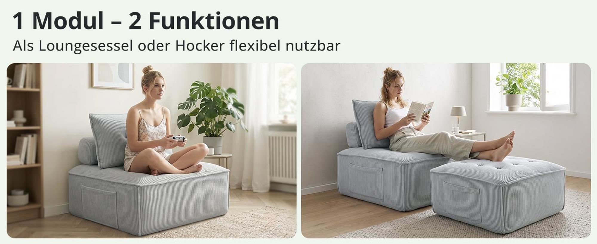 Modularer Loungesessel für Wohnz, Bodensessel aus Cord 84 × 84 cm, 2-in-1 als Sessel oder Hocker, mit Rückenkissen und Seitentasche, ohne Montage