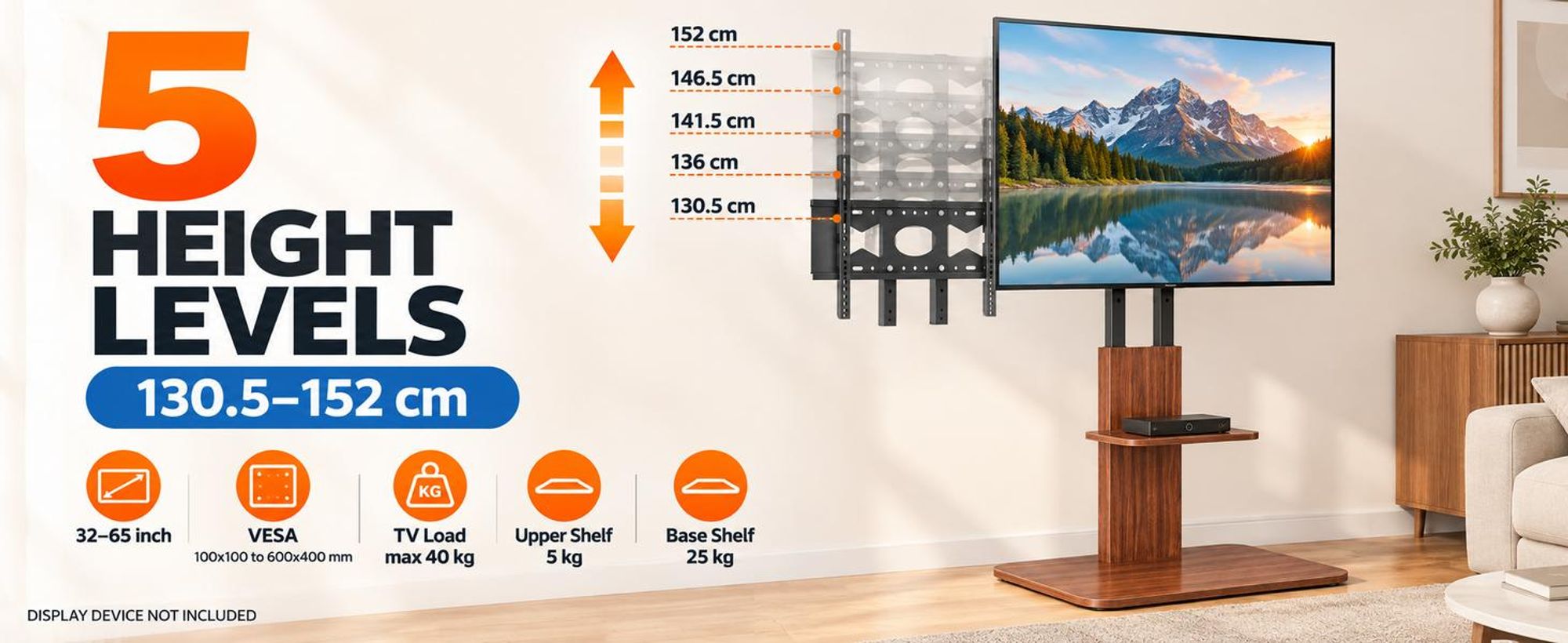WISFOR TV-Ständer Holzoptik 32-65 Zoll höhenverstellbar 2 Ablagen VESA 600x400