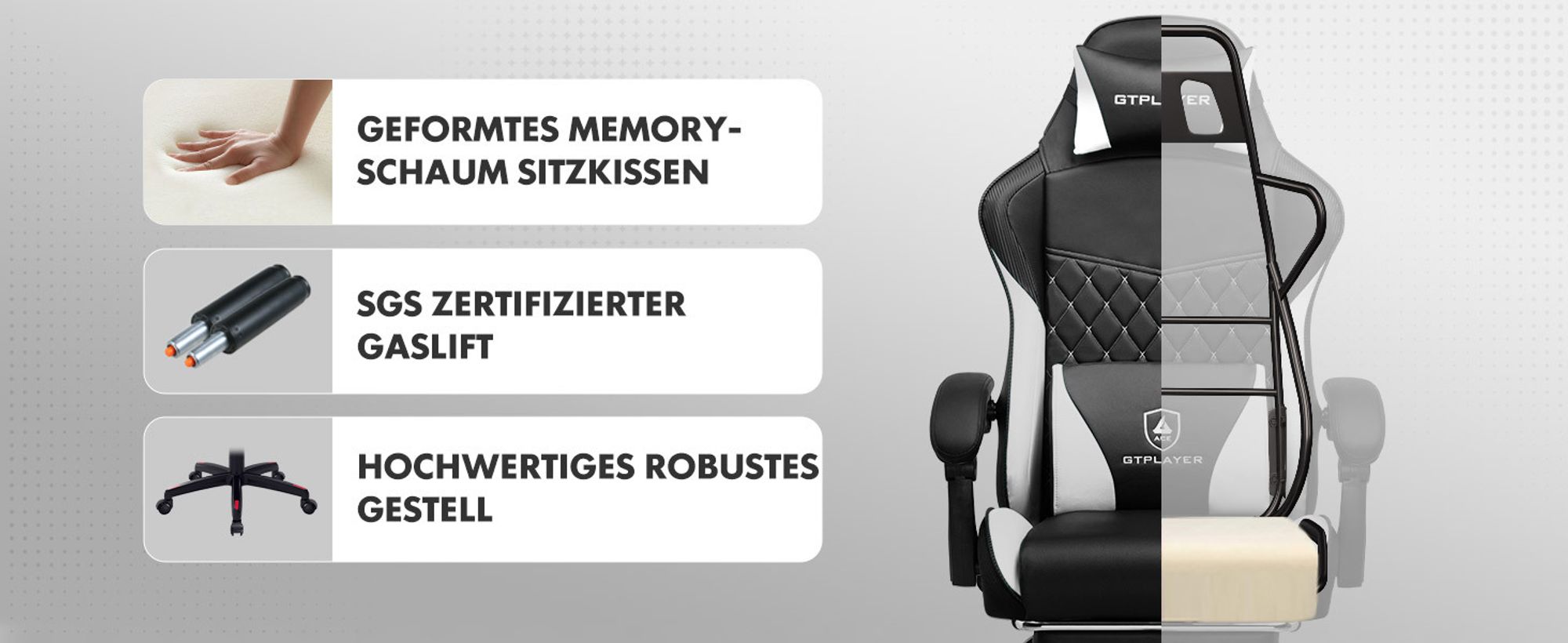 GTPLAYER Gaming Stuhl, Gaming Chair, Ergonomischer Höhenverstellbarer Bürostuhl, Zweckmäßig für Winter und Sommer, mit Doppelrückenlehne mit Fußstütz
