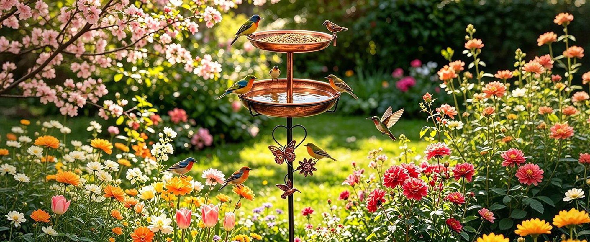 WISFOR Vogeltränke auf Stab, Vogelbad aus Metall, Futterstelle, Gartenstab, Gartenstecker, Gartendekoration