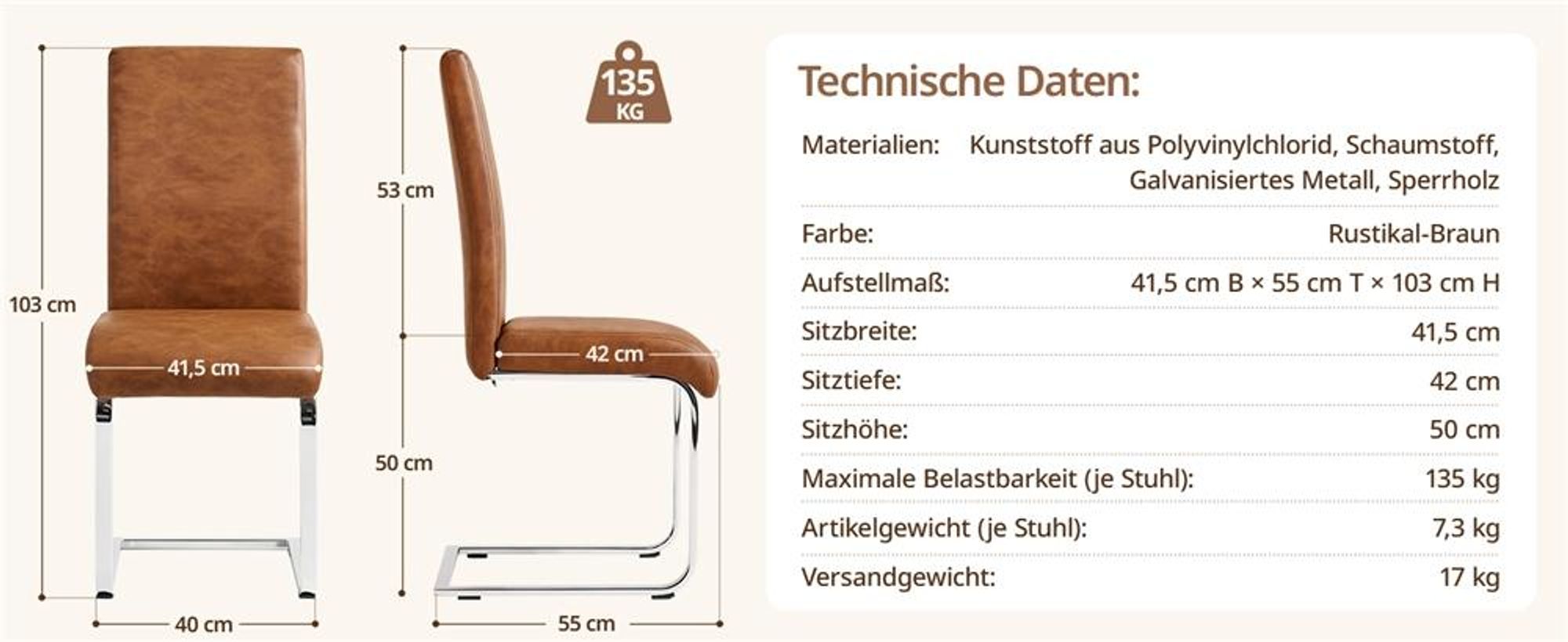 Yaheetech 2er Set Freischwinger Esszimmerstuhl aus Kunstleder & Metallgestell, 135 kg belastbar, Dunkelbraun