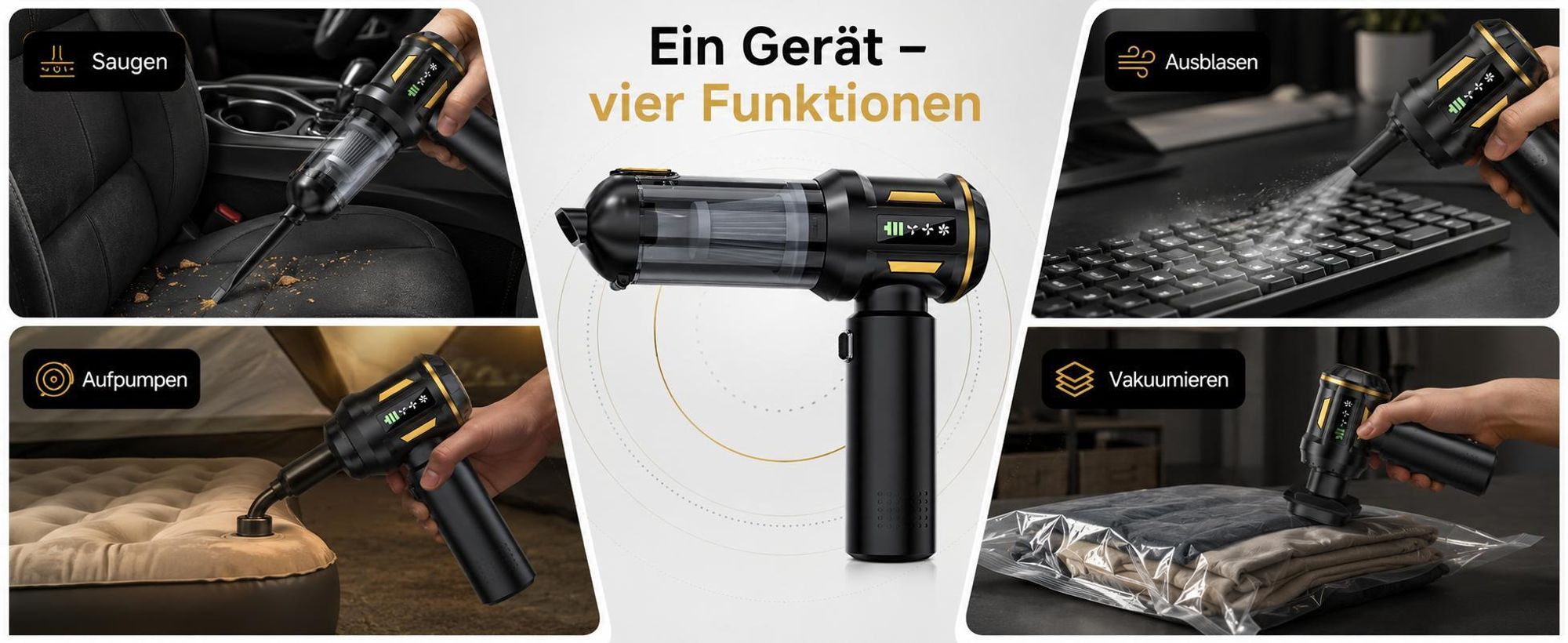 4 in 1 Autostaubsauger, Akku Handstaubsauger Kabelloser, 80.000 U/min Bürstenloser Motor, 22kPa Saugleistung, 3 Stufen, LED anzeige, für Auto Haushalt