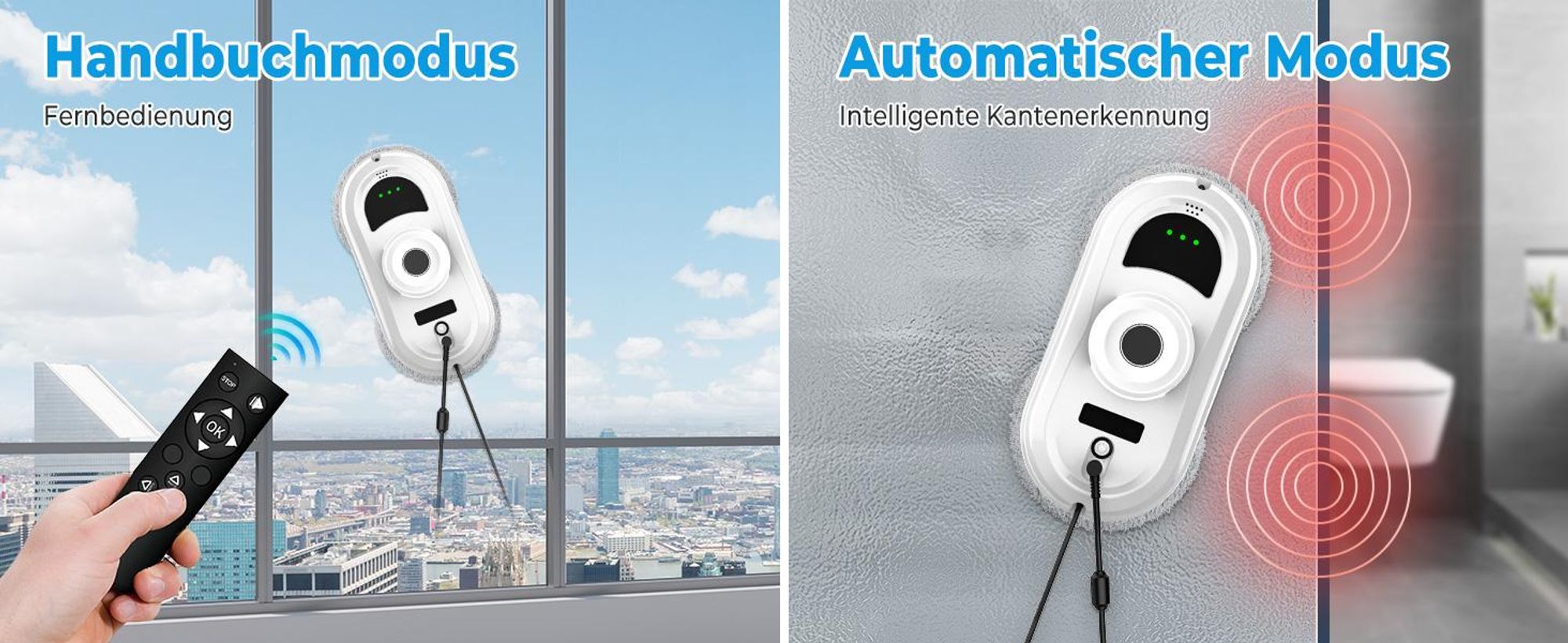 Fensterputzroboter, Fenstersauger, Fensterputzer, Fensterreiniger Elektrisch, 5600Pa Saugleistung, 3 Reinigungsmodi, Intelligente Pfadplanung
