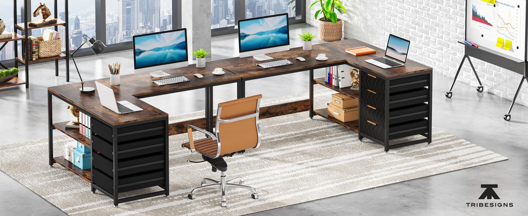 Tribesigns, scrivania a forma di L, 150 cm, scrivania angolare con scaffali, scrivania da ufficio/studio reversibile, adatta come postazione di lavoro, colore marrone