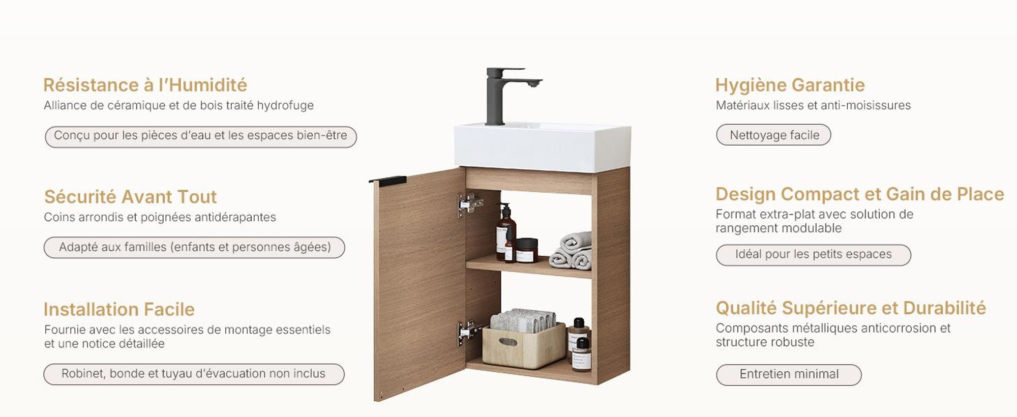EMKE Ensemble de lavabos Meuble sous-lavabo avec vasque en céramique 417×240×646 mm suspendu, Soft-Close, chêne Sonoma