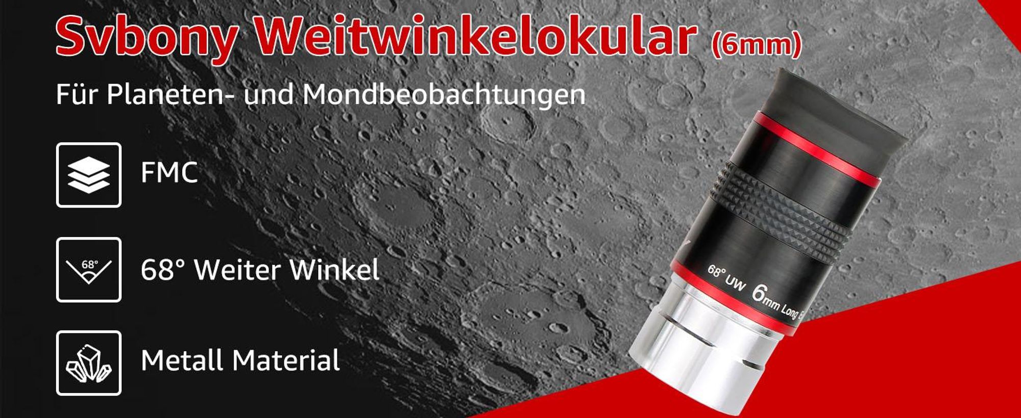 Svbony Okular 1,25", Ultraweitwinkel Okular 6mm, Aluminiumlegierungskörper FMC 68 Grad Okular für Teleskop Zubehör