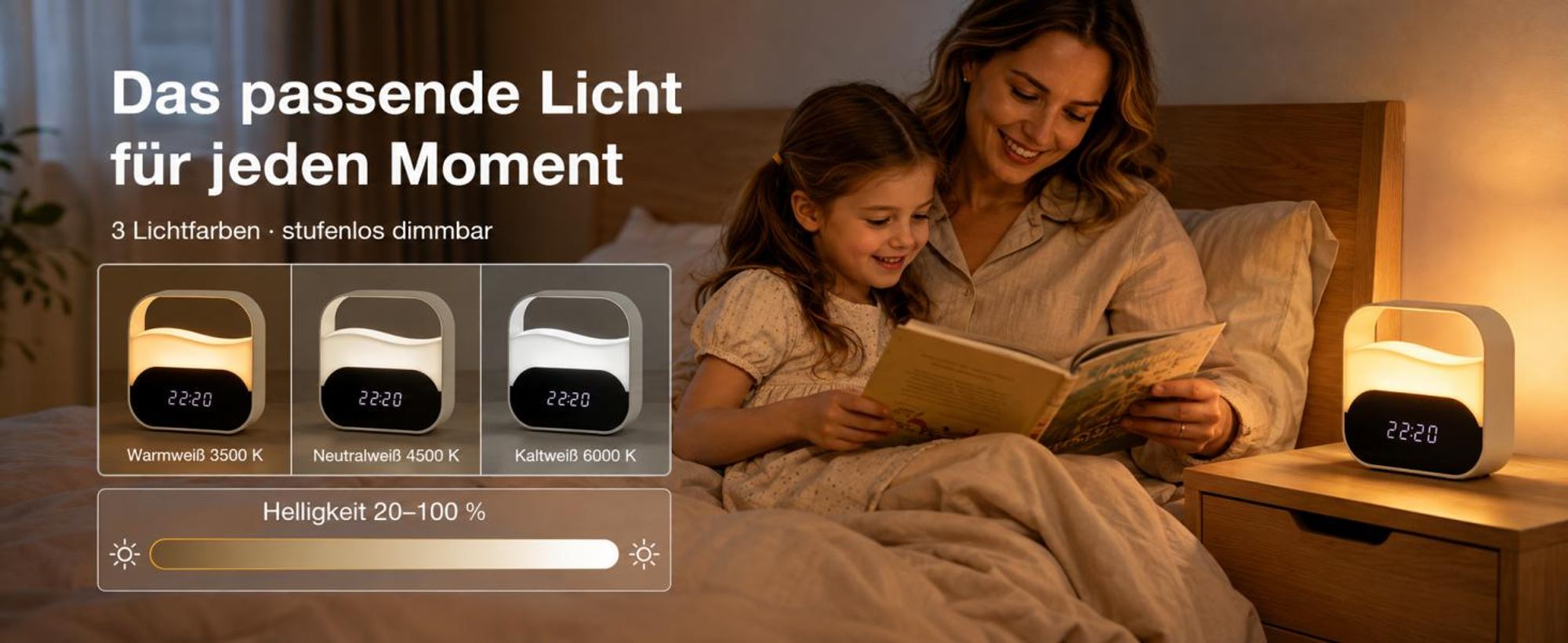 LED-Lichtwecker, Digitaler Wecker mit 2000 mAh Akku, 3 Farbtemperaturen, USB-Aufladung, stufenlos dimmbares Nachtlicht, 2 Alarmzeiten, Stimmungslicht