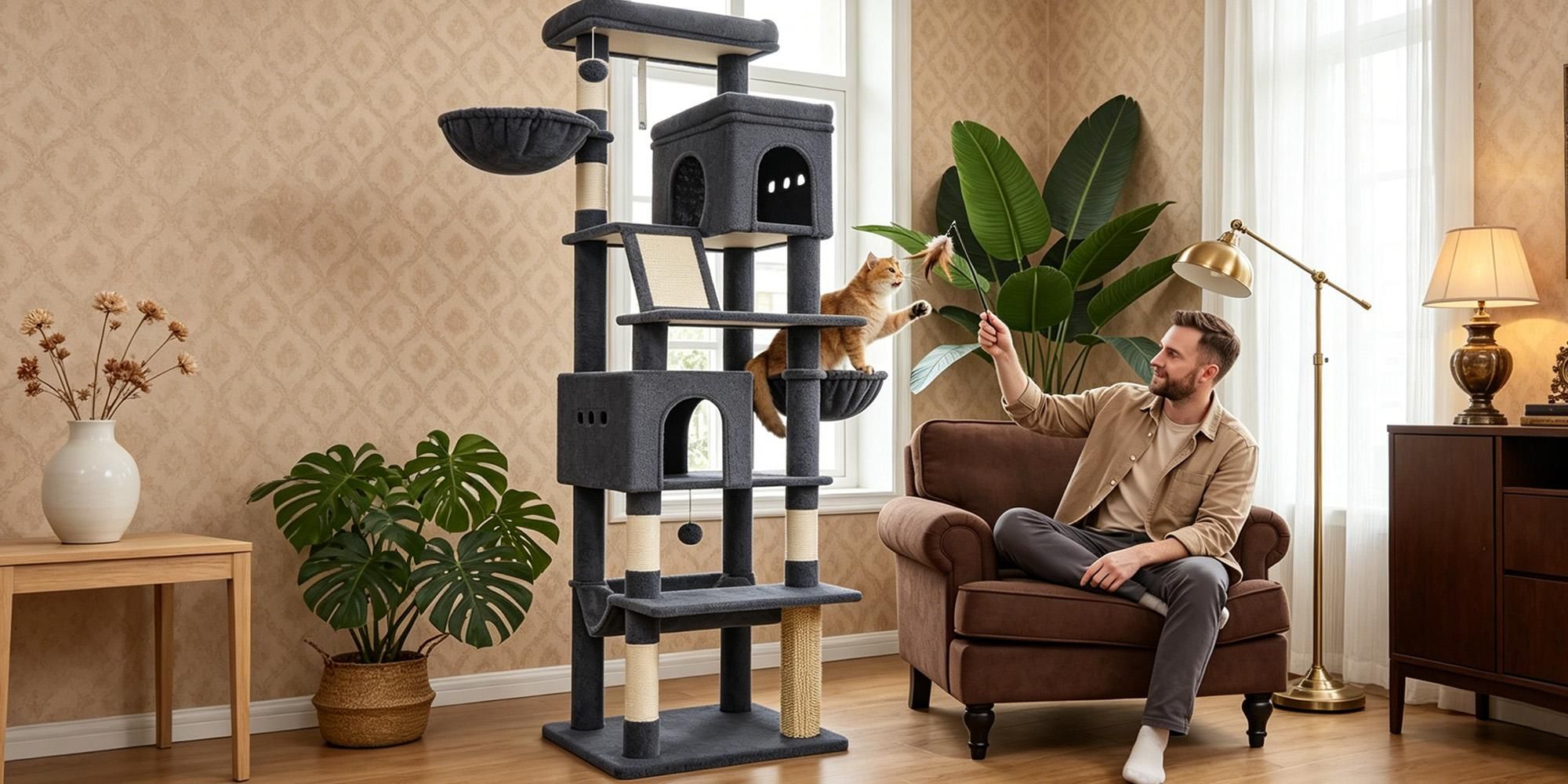 Fobyfurny Kratzbaum Groß, 213 cm Hoch, XXL Katzenbaum, 2 Plattformen, 2 Höhlen, 5 Kratzstämme, Kratzbrett, Katzenkorb, Hängematte