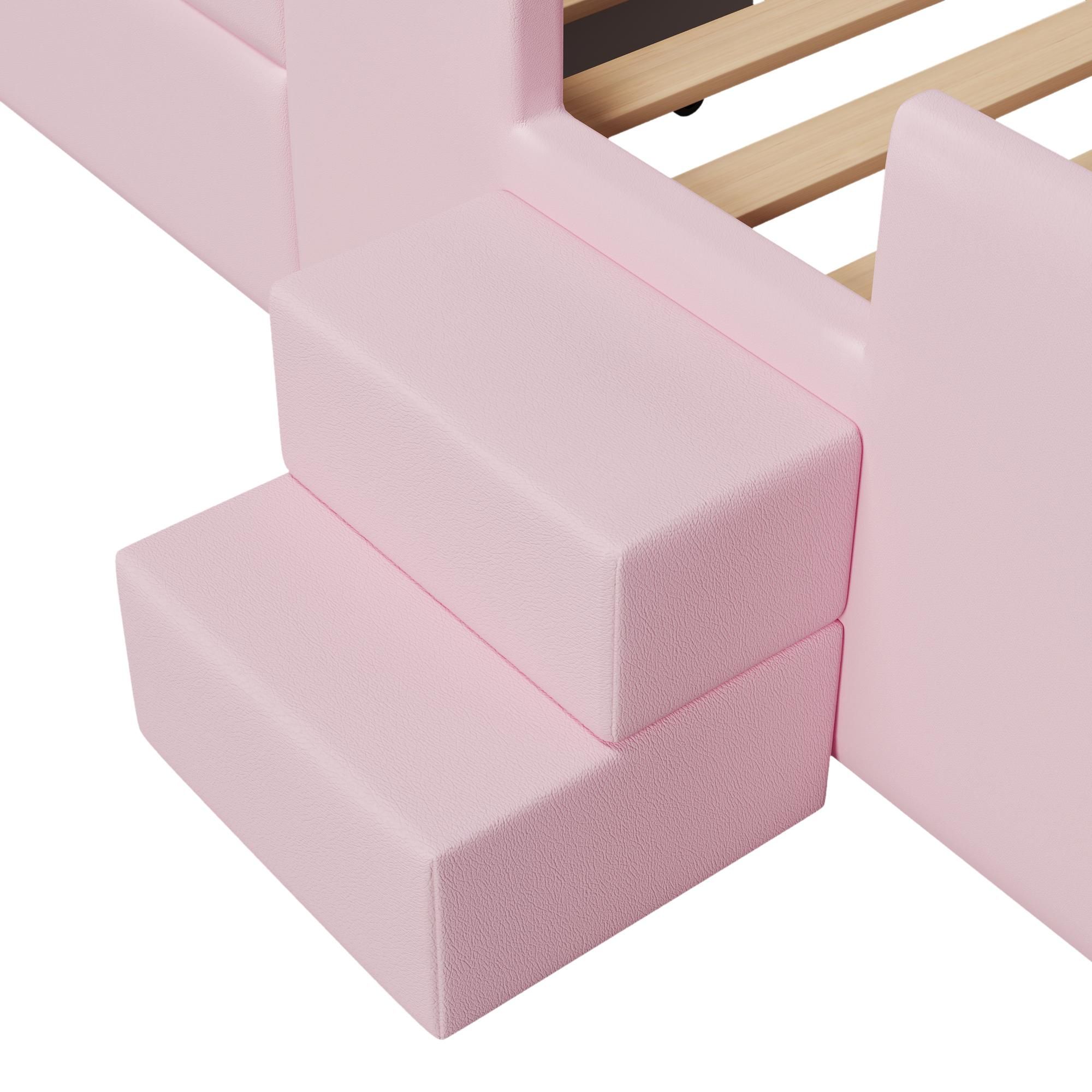 Merax Polsterbett Kinderbett 90x200 cm mit LED-Lichtleisten, Treppe, Schublade und Aufbewahrungstaschen, Plattformbett, Jugendbett, Flachbett, Rosa