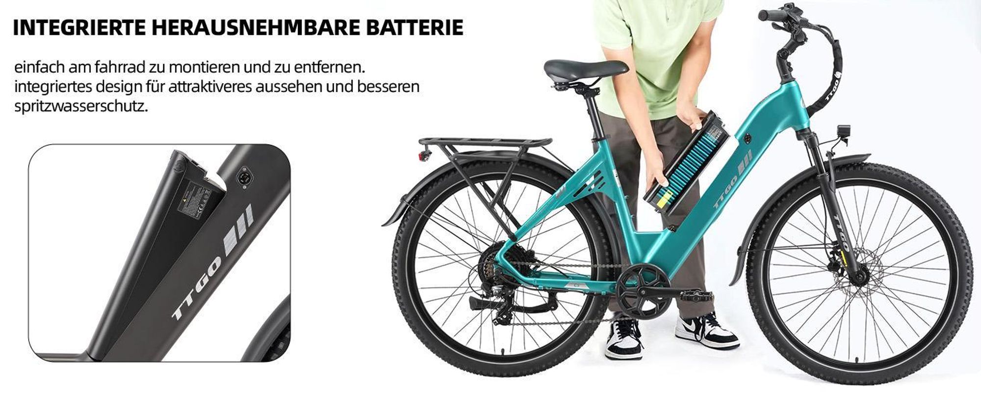 TTGO E-Bike 28x2,4 Zoll, 110km, 70 Nm Hinterradmotor, C5, ZOOM Federsattelstütze 7 Gang Shimano 648 Wh Tiefeinstieg, Pedelec, Elektrofahrrad Grün